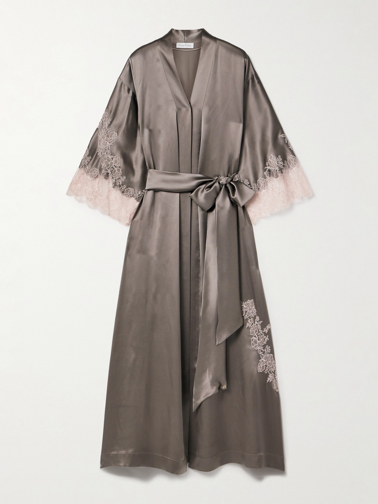 Carine Gilson - Chantilly Lace-trimmed Silk-satin Robe - Gray
