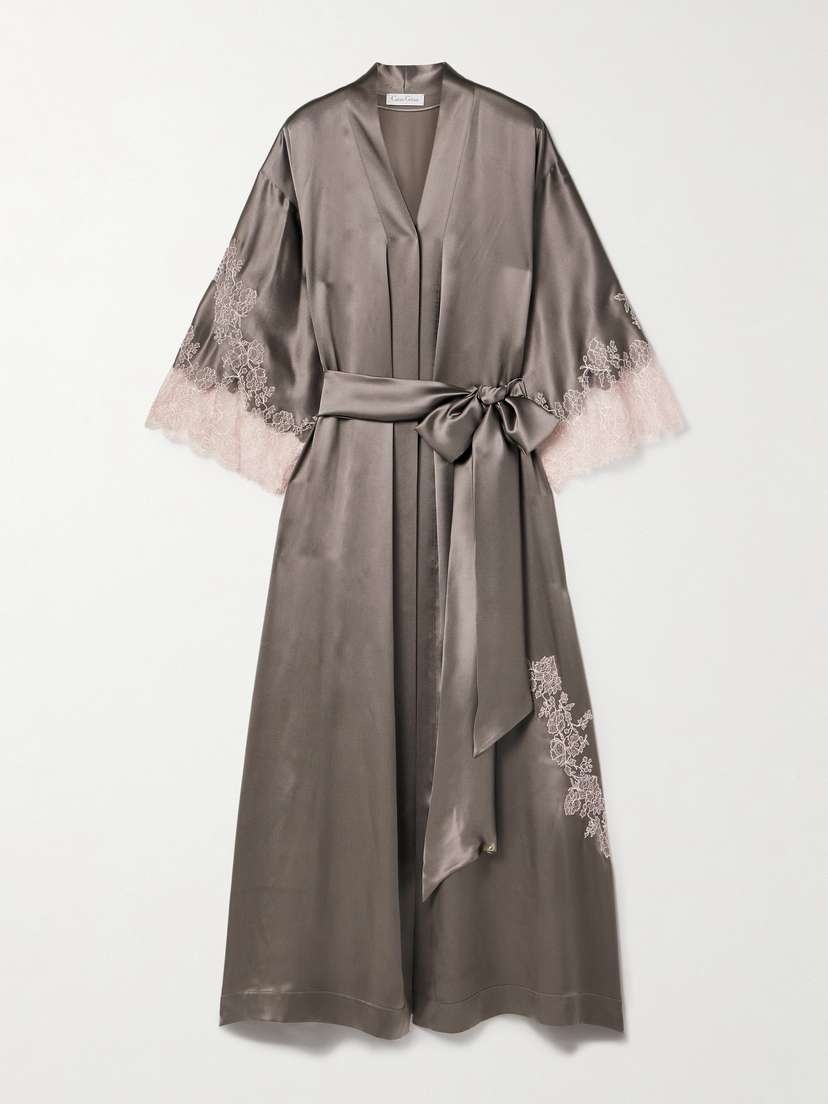 Carine Gilson Chantilly Lace-trimmed Silk-satin Robe