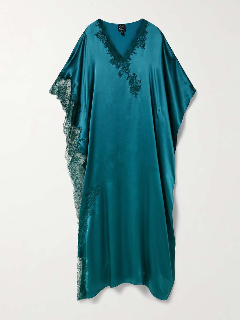 Carine Gilson Chantilly Lace-trimmed Silk-satin Kaftan