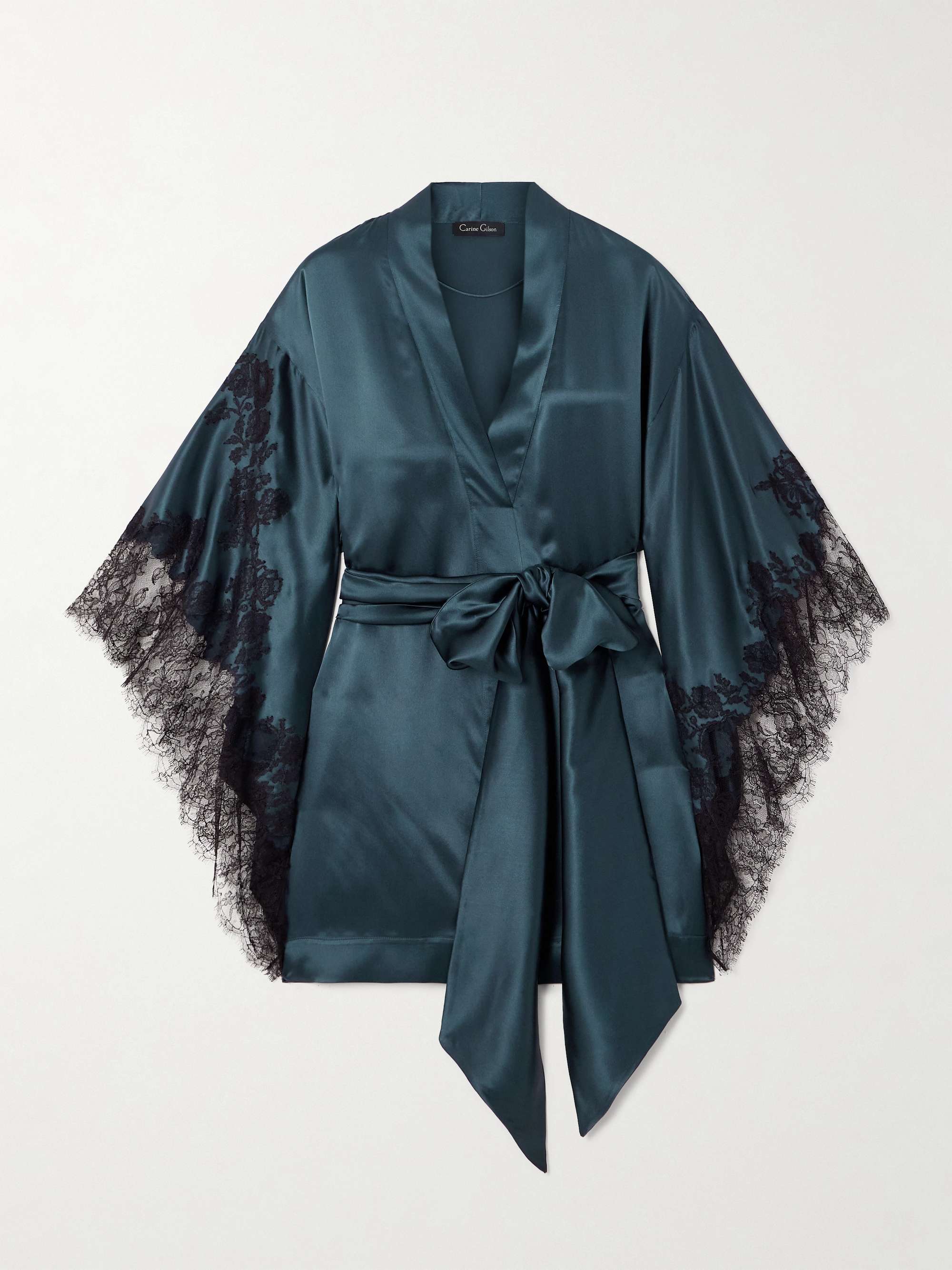 CARINE GILSON Belted lace-trimmed silk-satin kimono | NET-A-PORTER