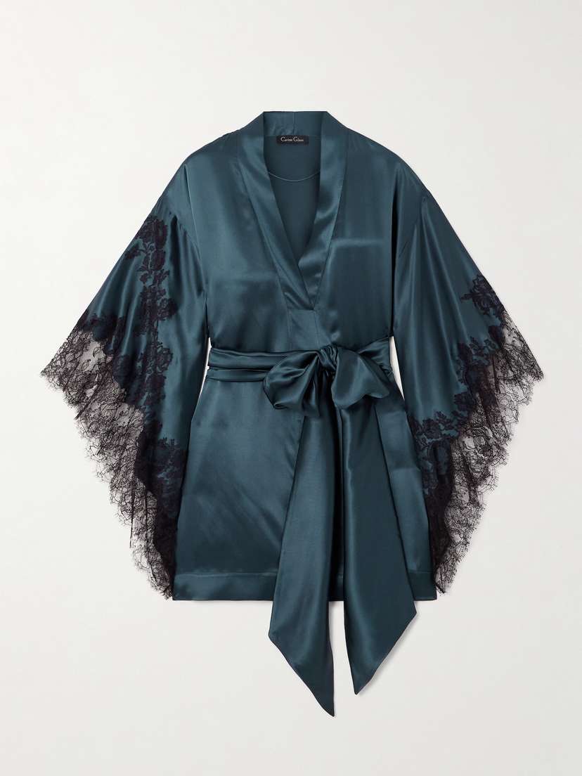 Carine Gilson Belted Lace-trimmed Silk-satin Kimono