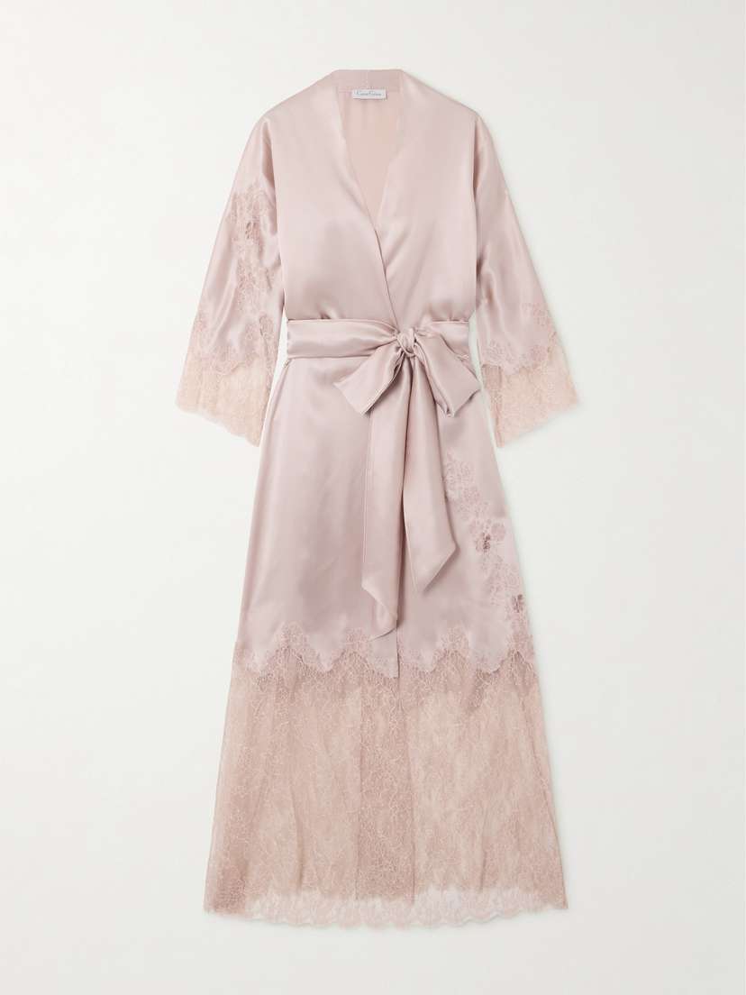Carine Gilson Belted Lace-trimmed Silk-satin Robe