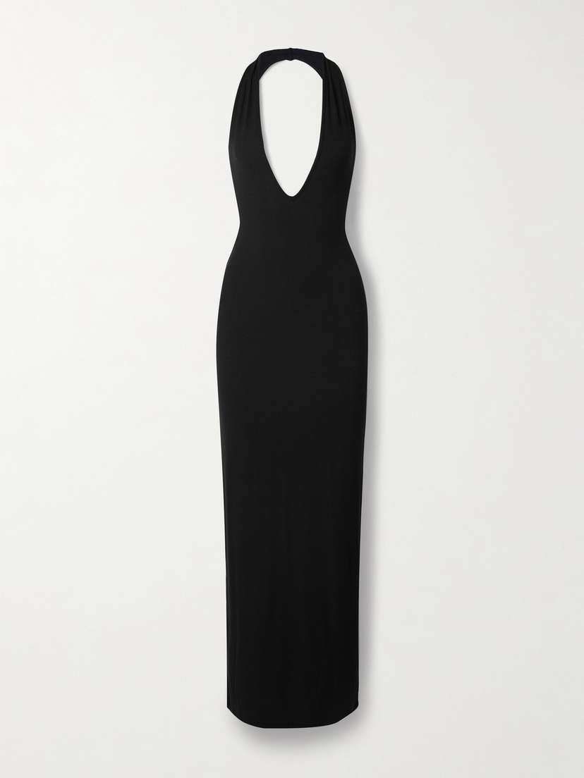 Skims Soft Lounge Deep Plunge Stretch-modal Halterneck Maxi Dress - Onyx