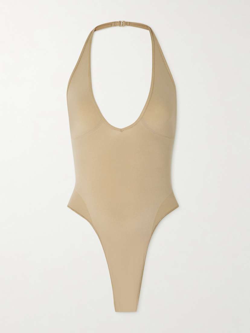 Skims Seamless Sculpt Deep Plunge Thong Bodysuit - Clay