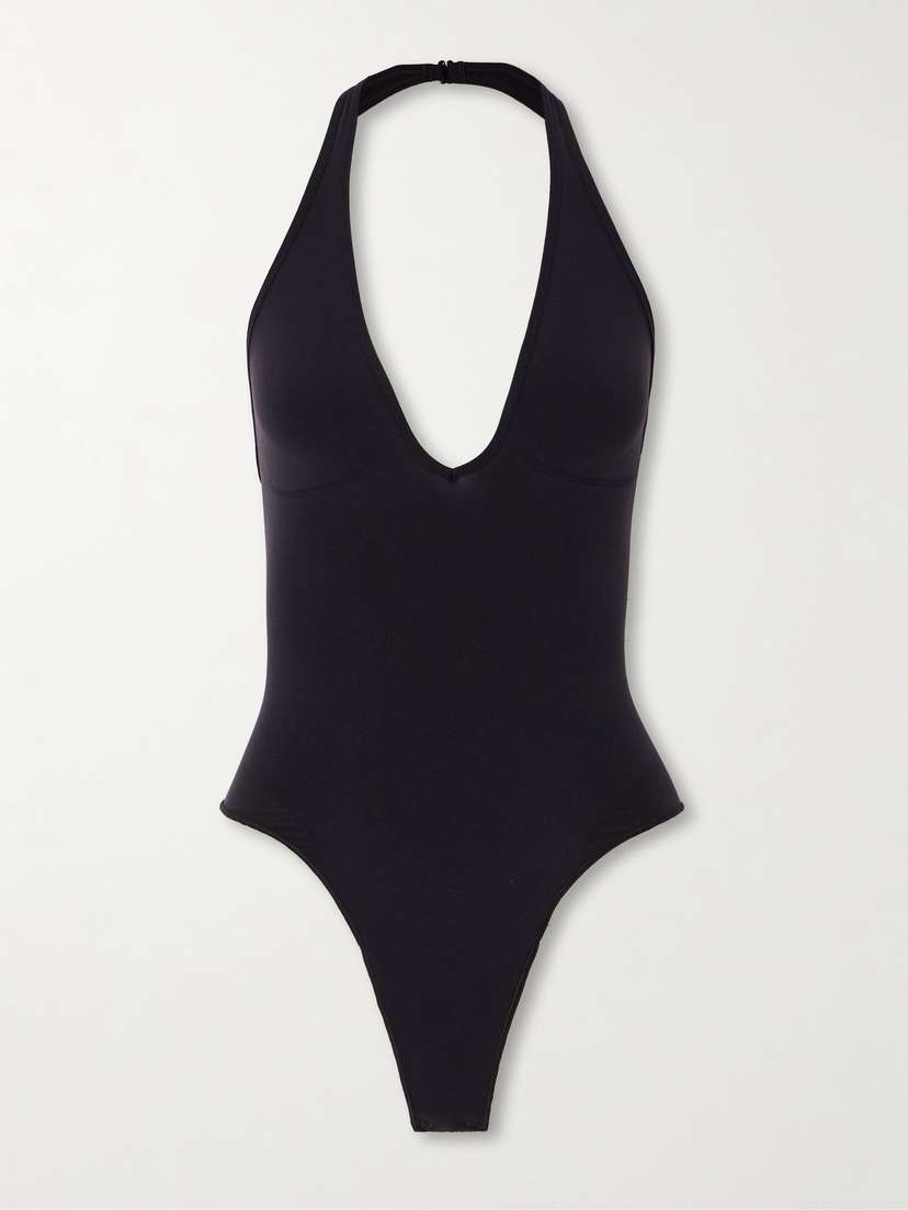 Skims Seamless Sculpt Deep Plunge Thong Bodysuit - Onyx