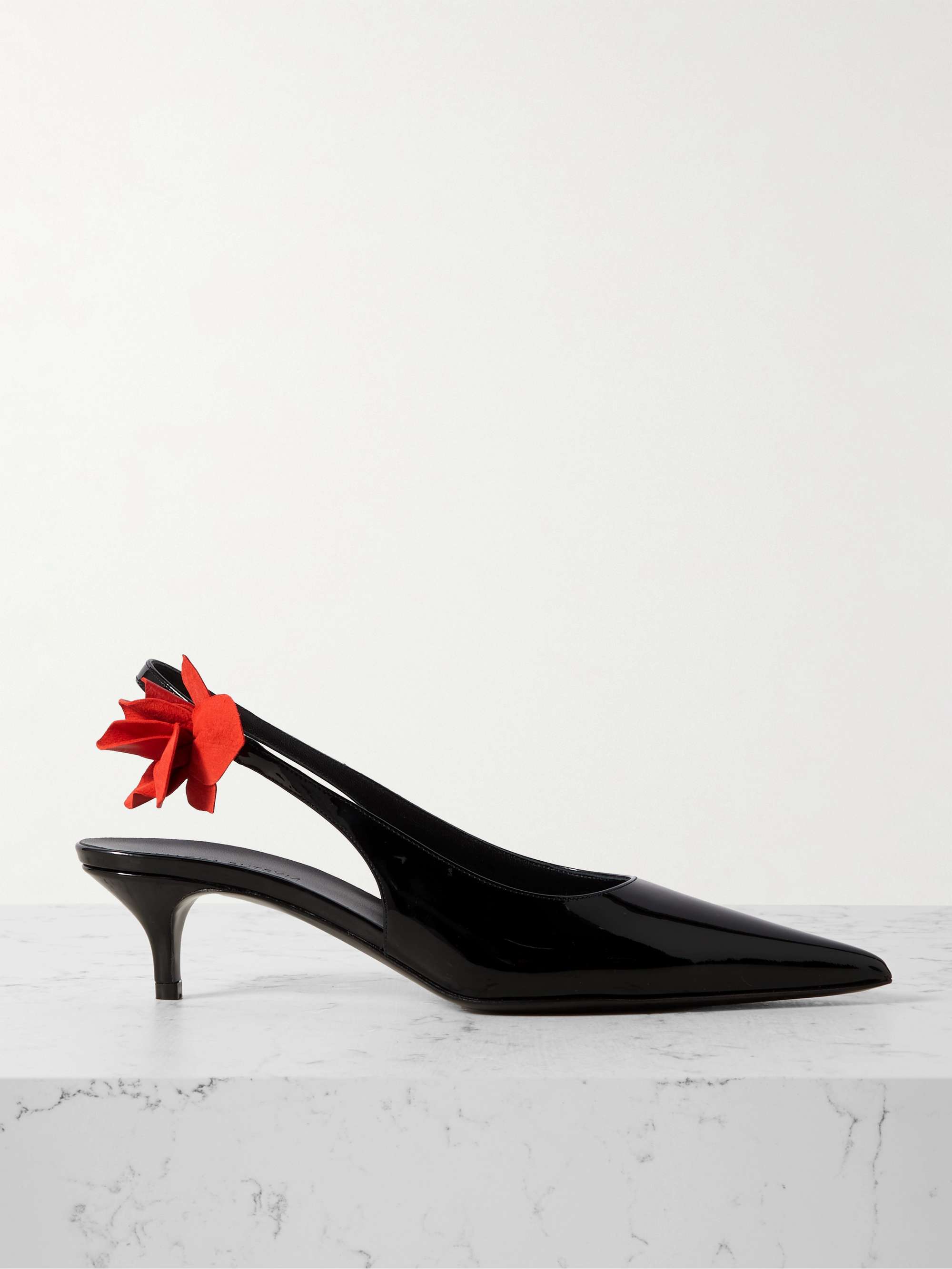 Appliqued patent leather slingback pumps