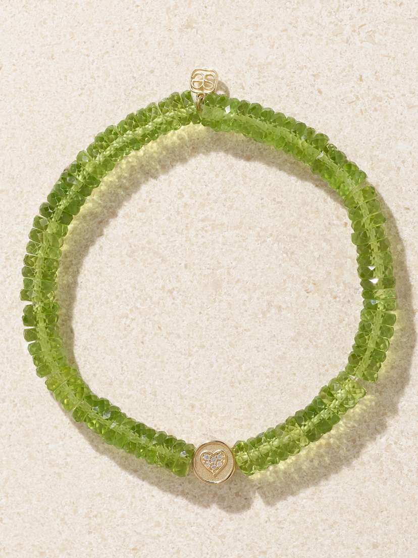 Sydney Evan Peace And Love 14-karat Gold, Peridot And Diamond Bracelet