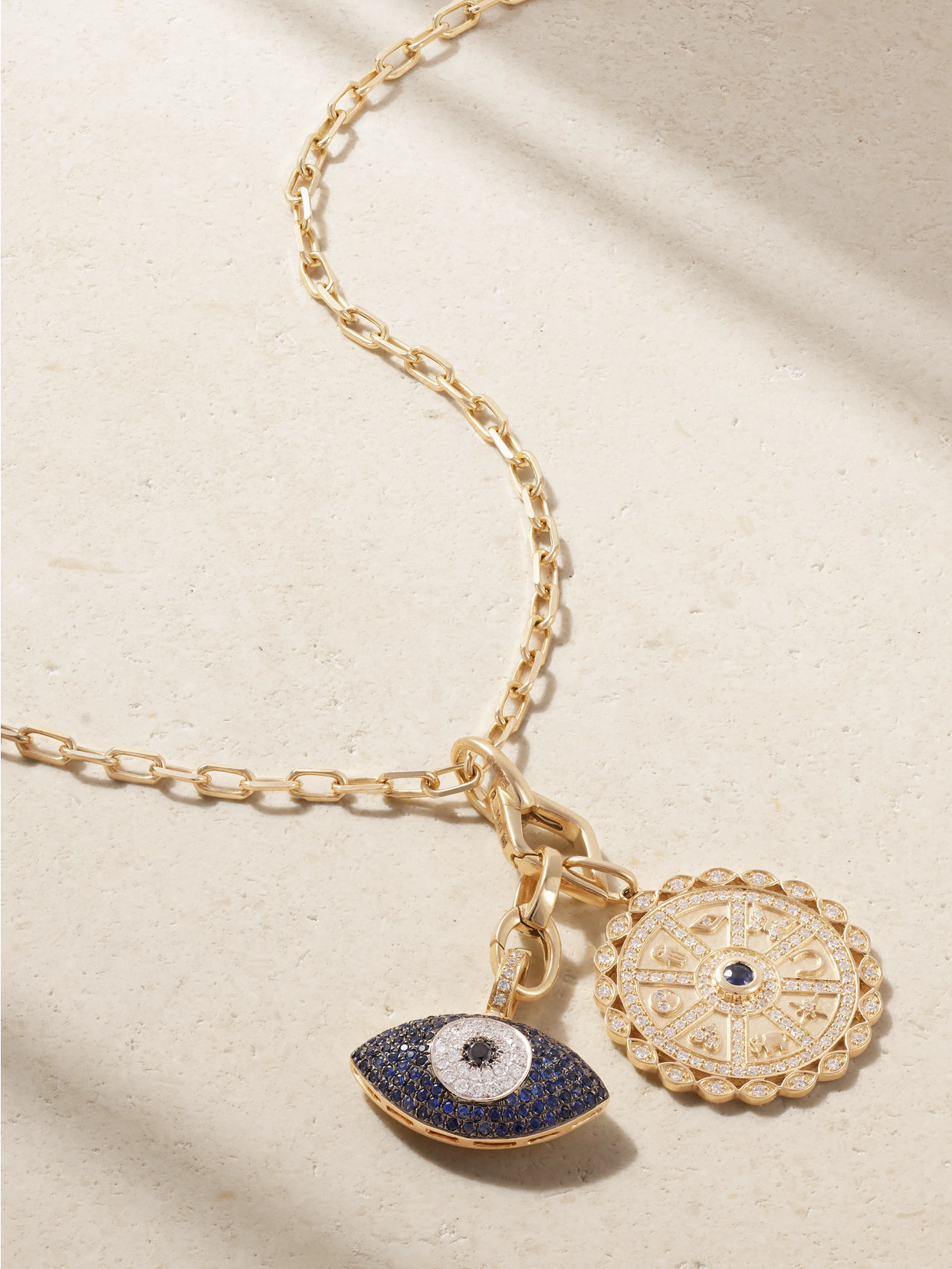 Sydney Evan Evil Eye + Sundial 14-karat Gold, Diamond And Sapphire Necklace In Blue