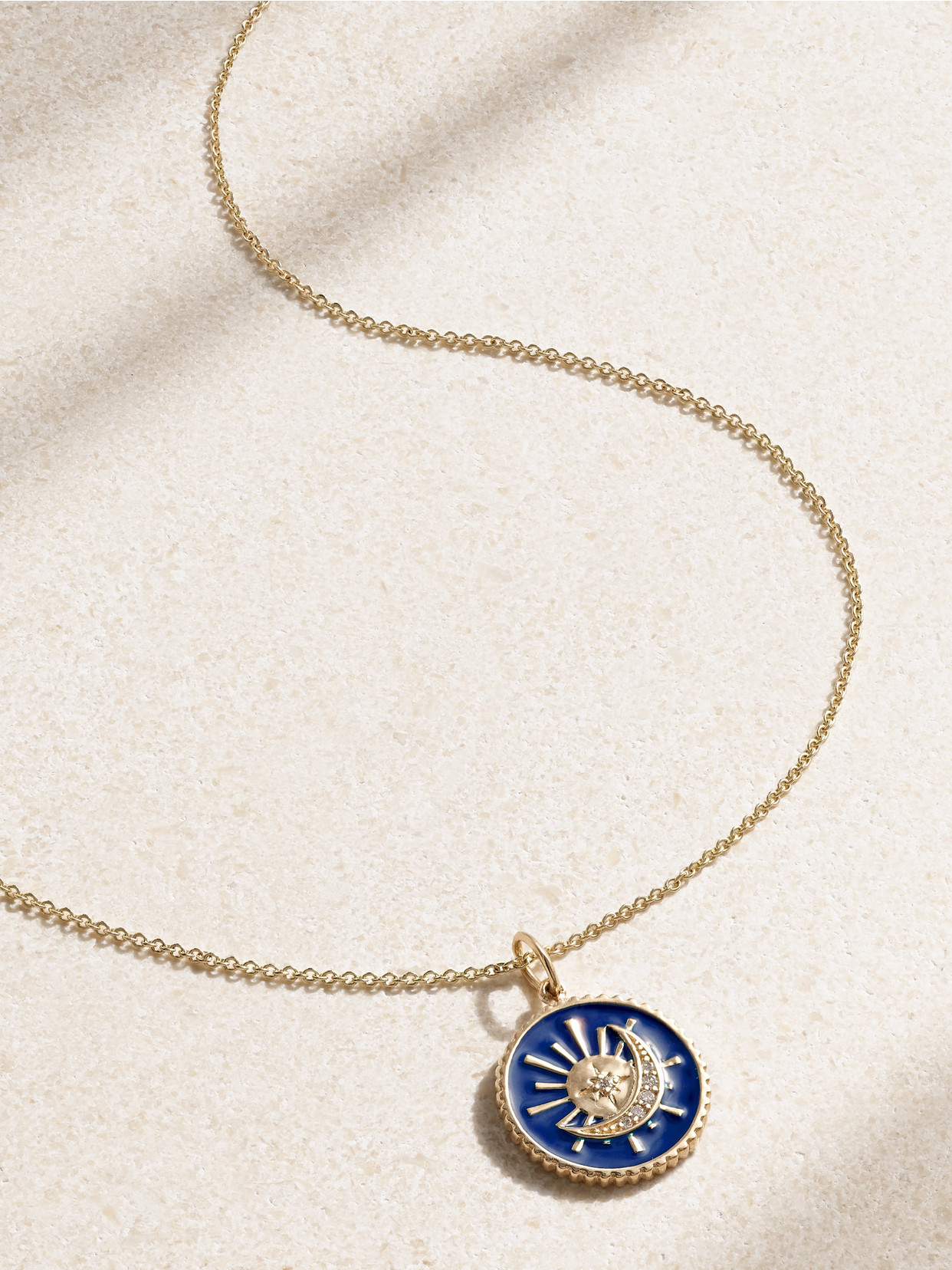 Sydney Evan Sun And Moon 14-karat Gold, Diamond And Enamel Necklace In Blue