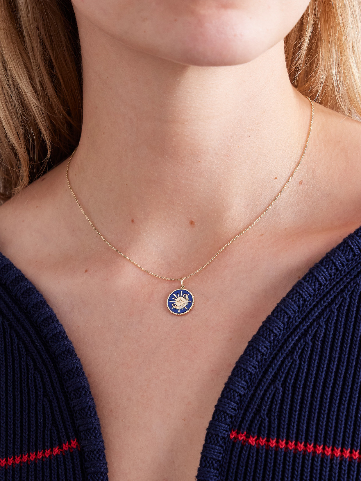 Sydney Evan Sun And Moon 14-karat Gold, Diamond And Enamel Necklace In Blue