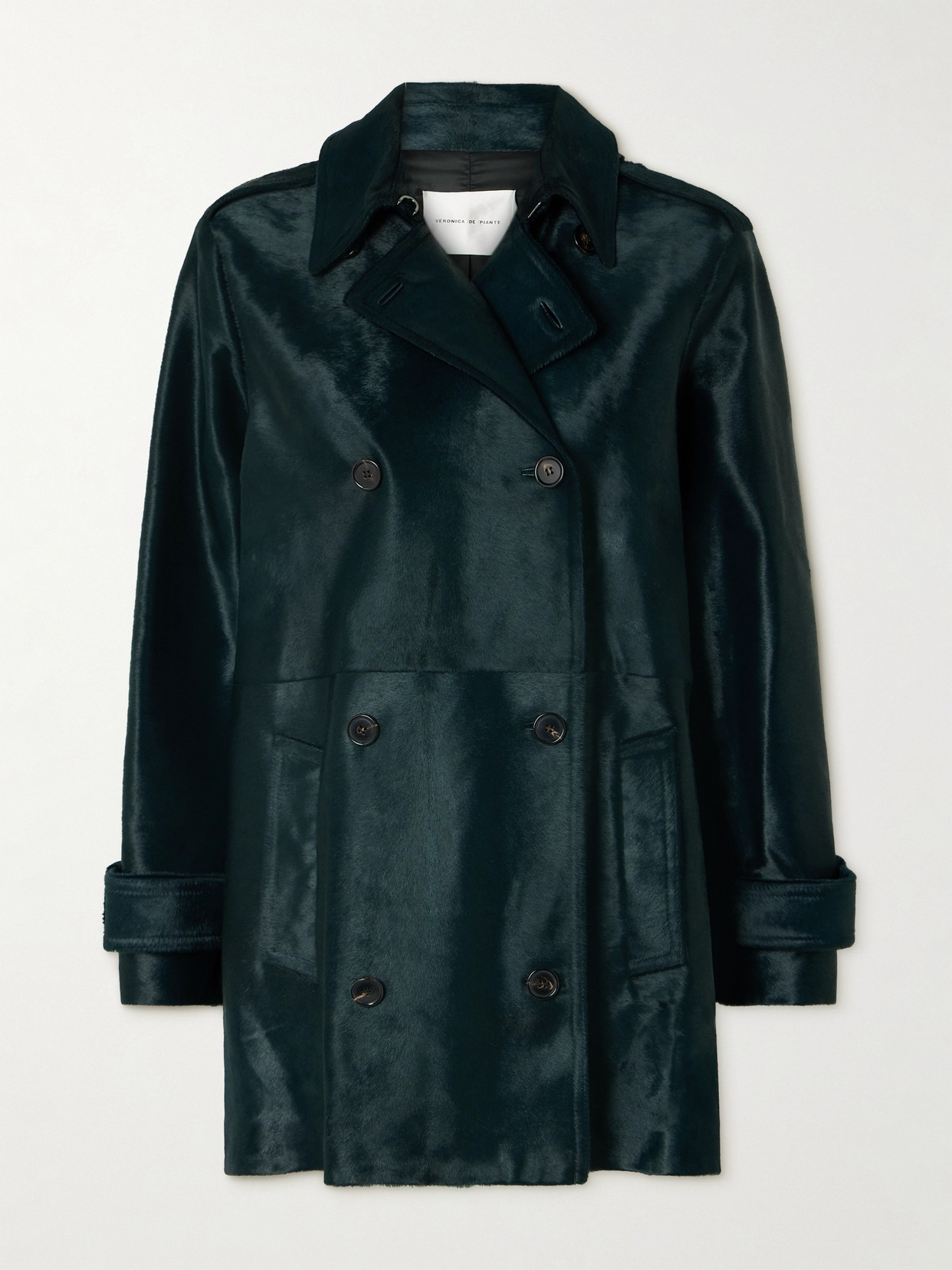 Veronica De Piante Charlotte Double-breasted Calf Hair Trench Coat In Green