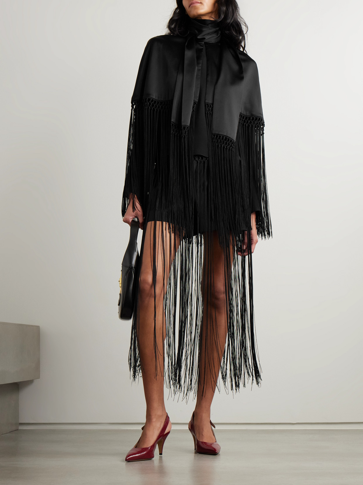 Lydia Cropped Fringed Silk-Charmeuse Cape