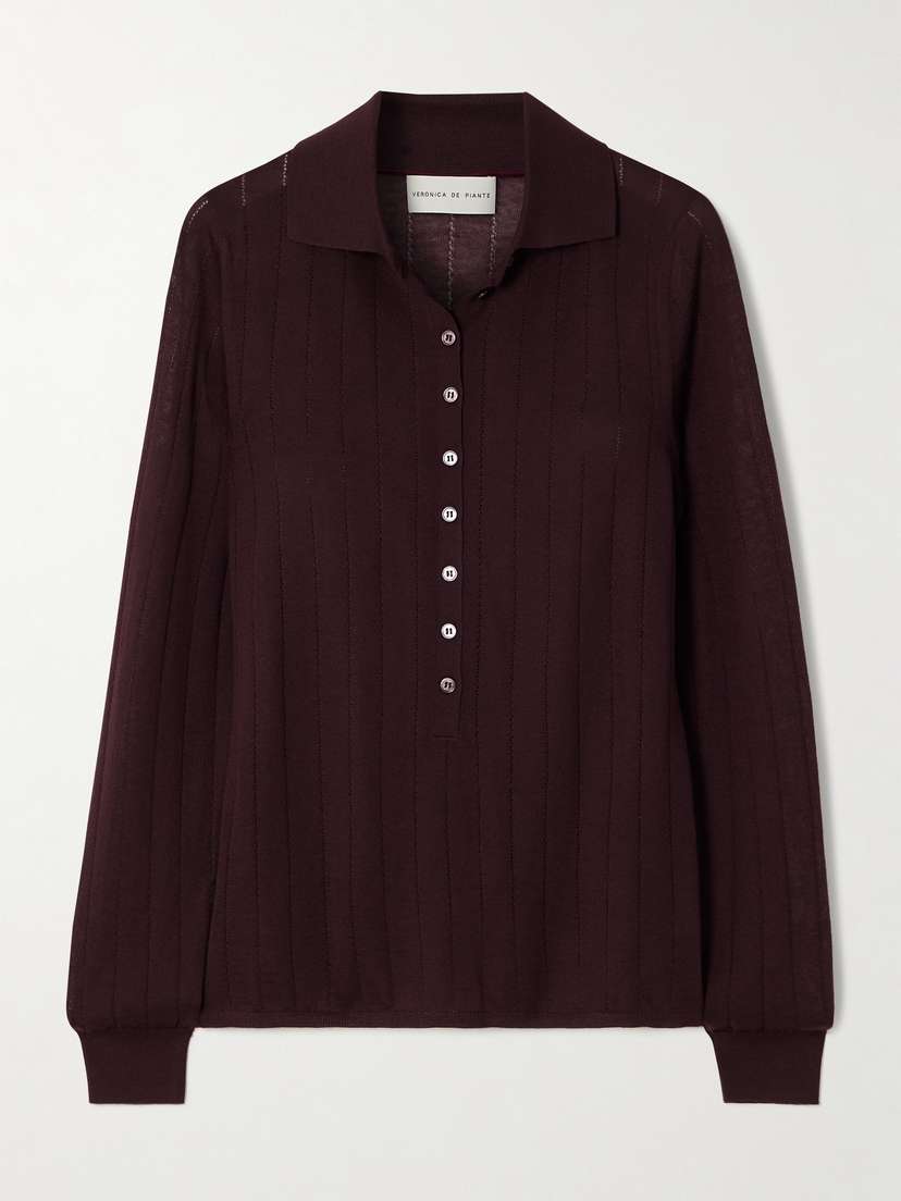 Veronica de Piante Luna Pointelle-knit Cashmere Polo Shirt