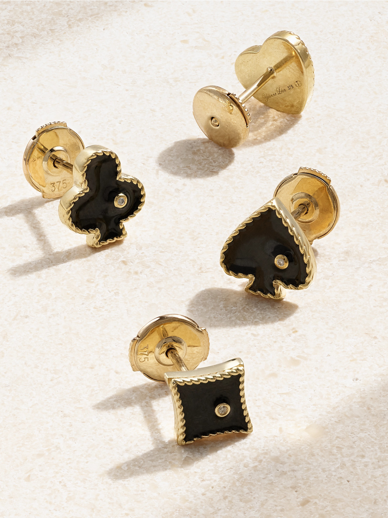 Yvonne Léon Set Of Four Puces Casino 9-karat Gold, Enamel And Diamond Earrings In Black