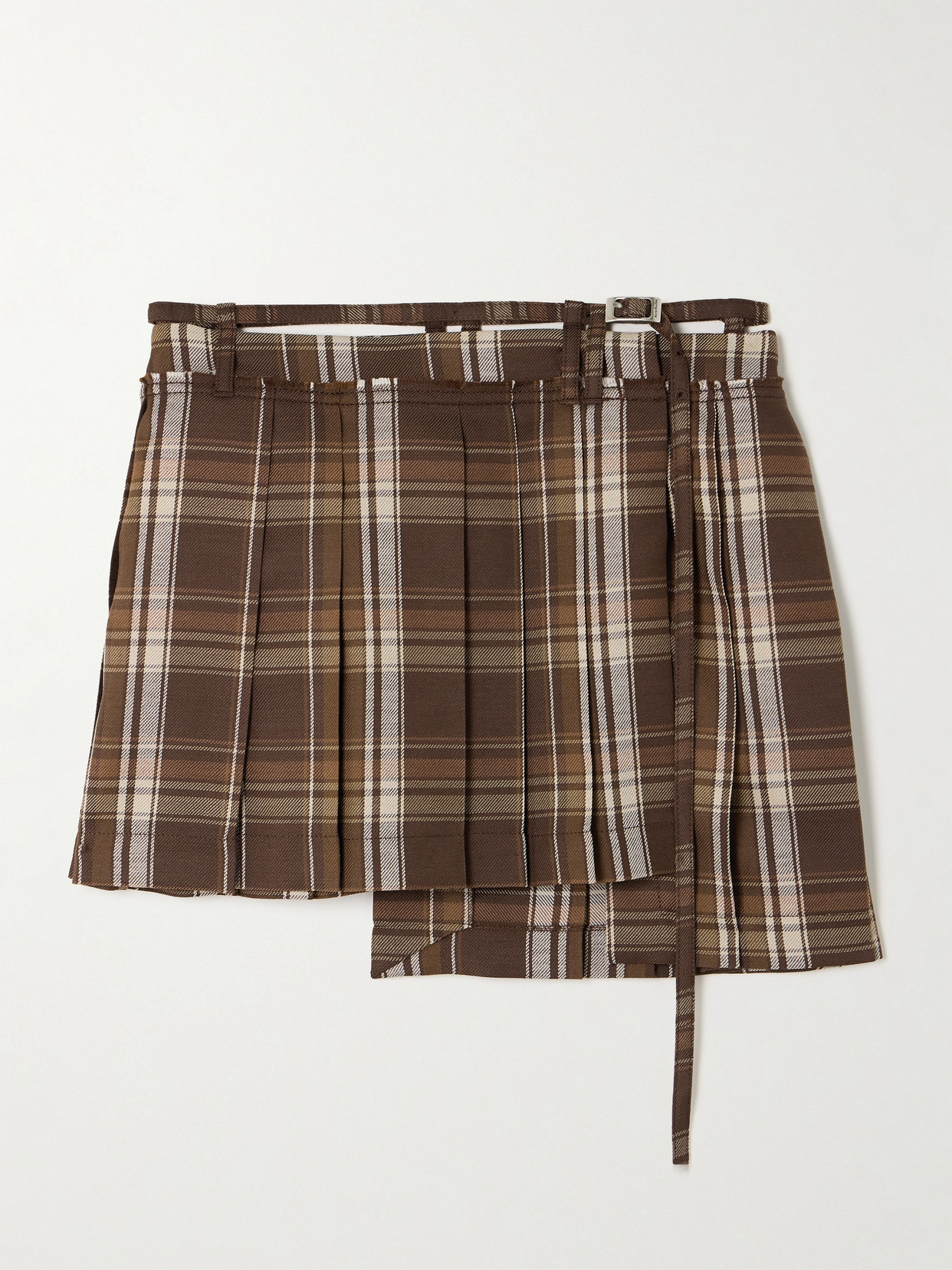 Acne Studios - Belted Asymmetric Pleated Checked Wool-blend Mini Skirt - Brown