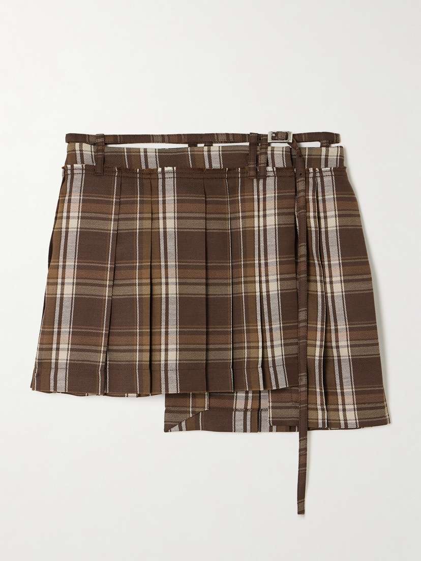 Acne Studios Belted Asymmetric Pleated Checked Wool-blend Mini Skirt