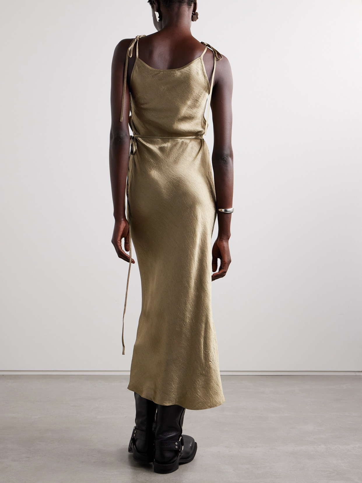 Acne Studios Hammered-satin Wrap Midi Dress In Green