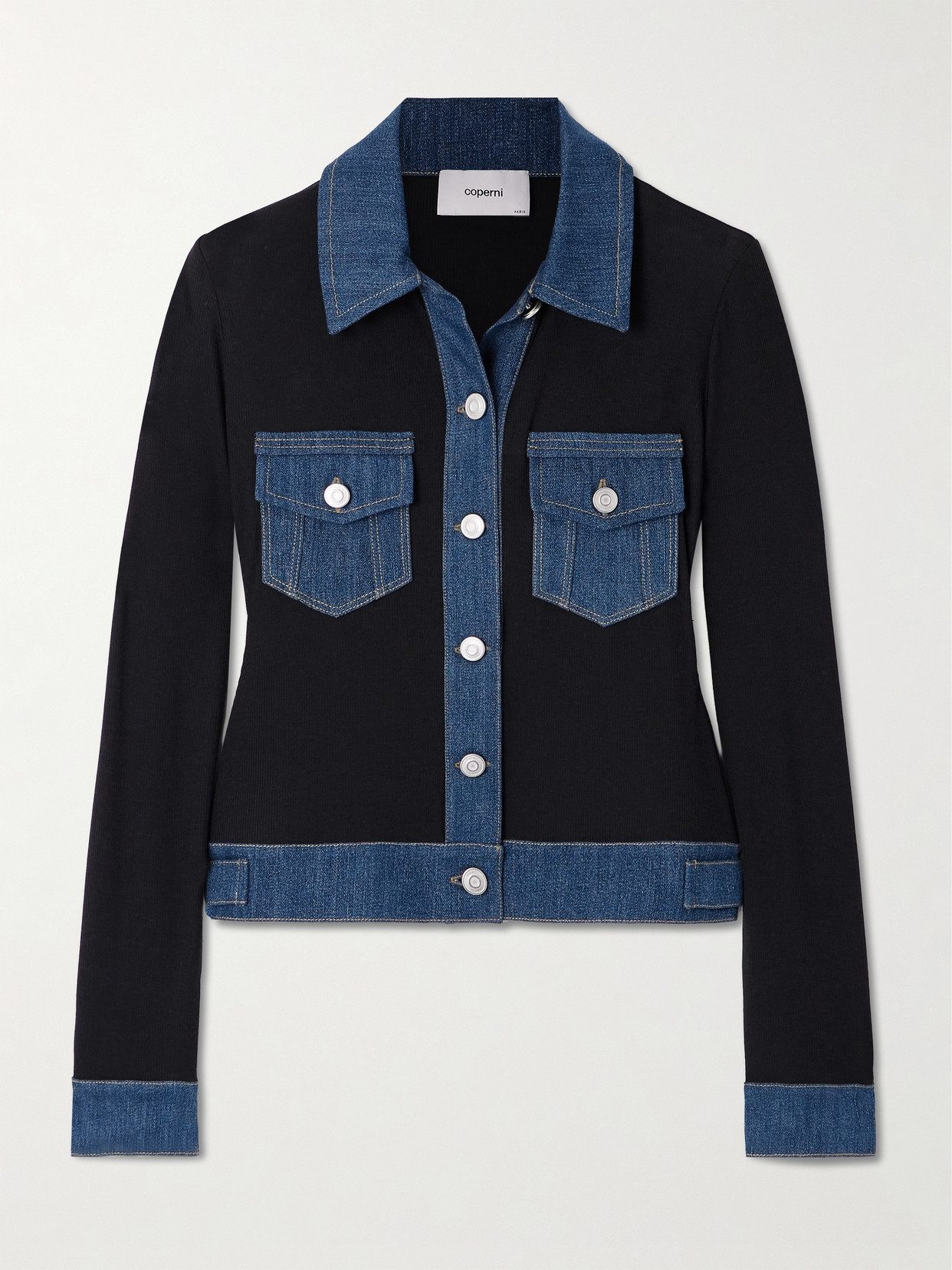 Coperni Second Skin Denim-trimmed Ribbed Stretch-lyocell And Cotton-blend Shirt In Black