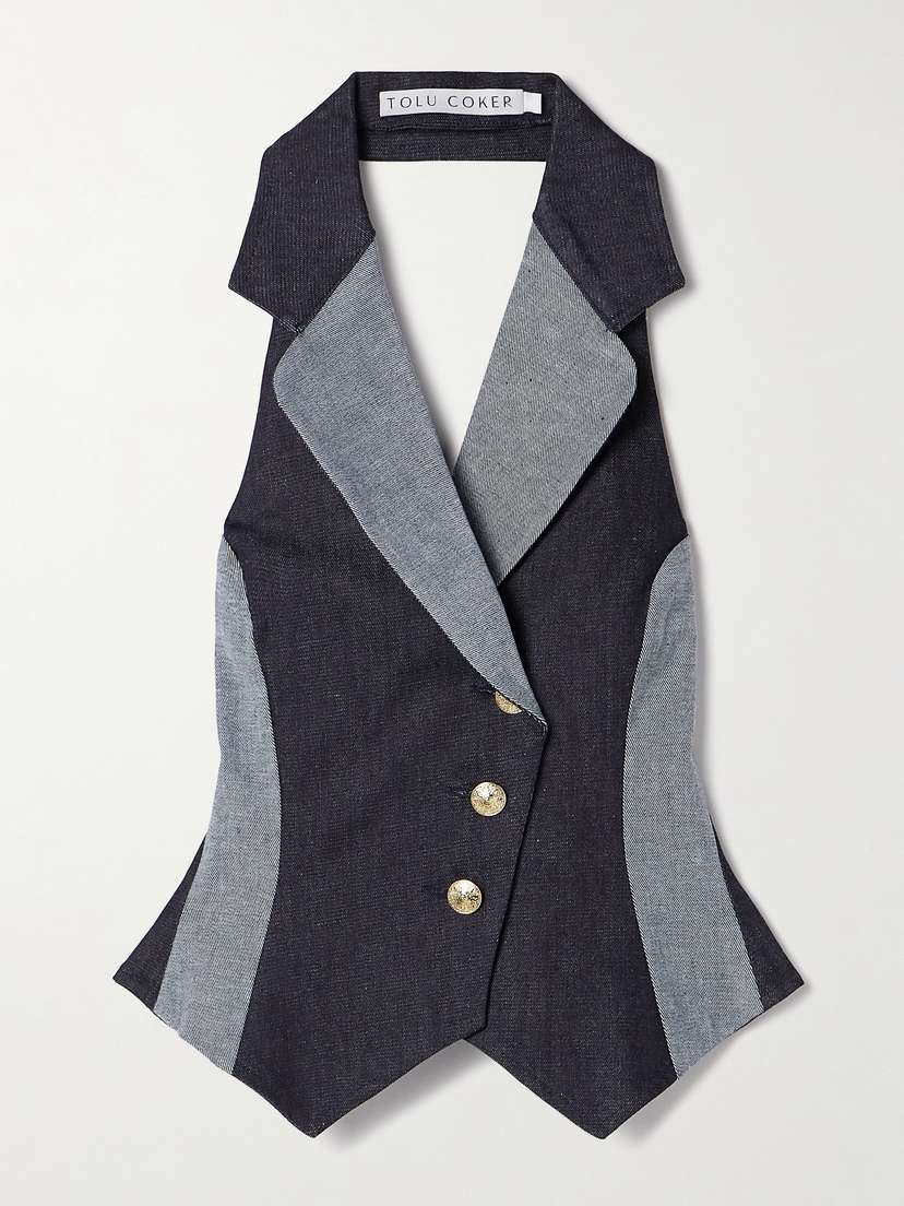 Tolu Coker Paneled Recycled-denim Halterneck Top