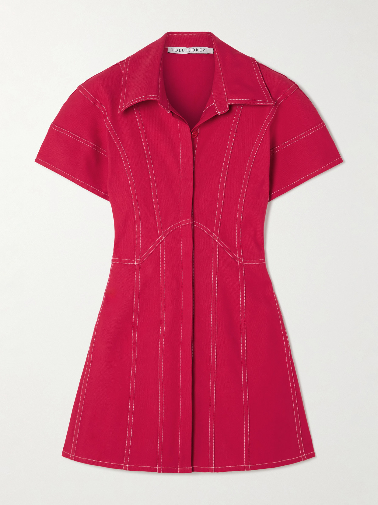 TOLU COKER PANELED TOPSTITCHED DENIM MINI SHIRT DRESS