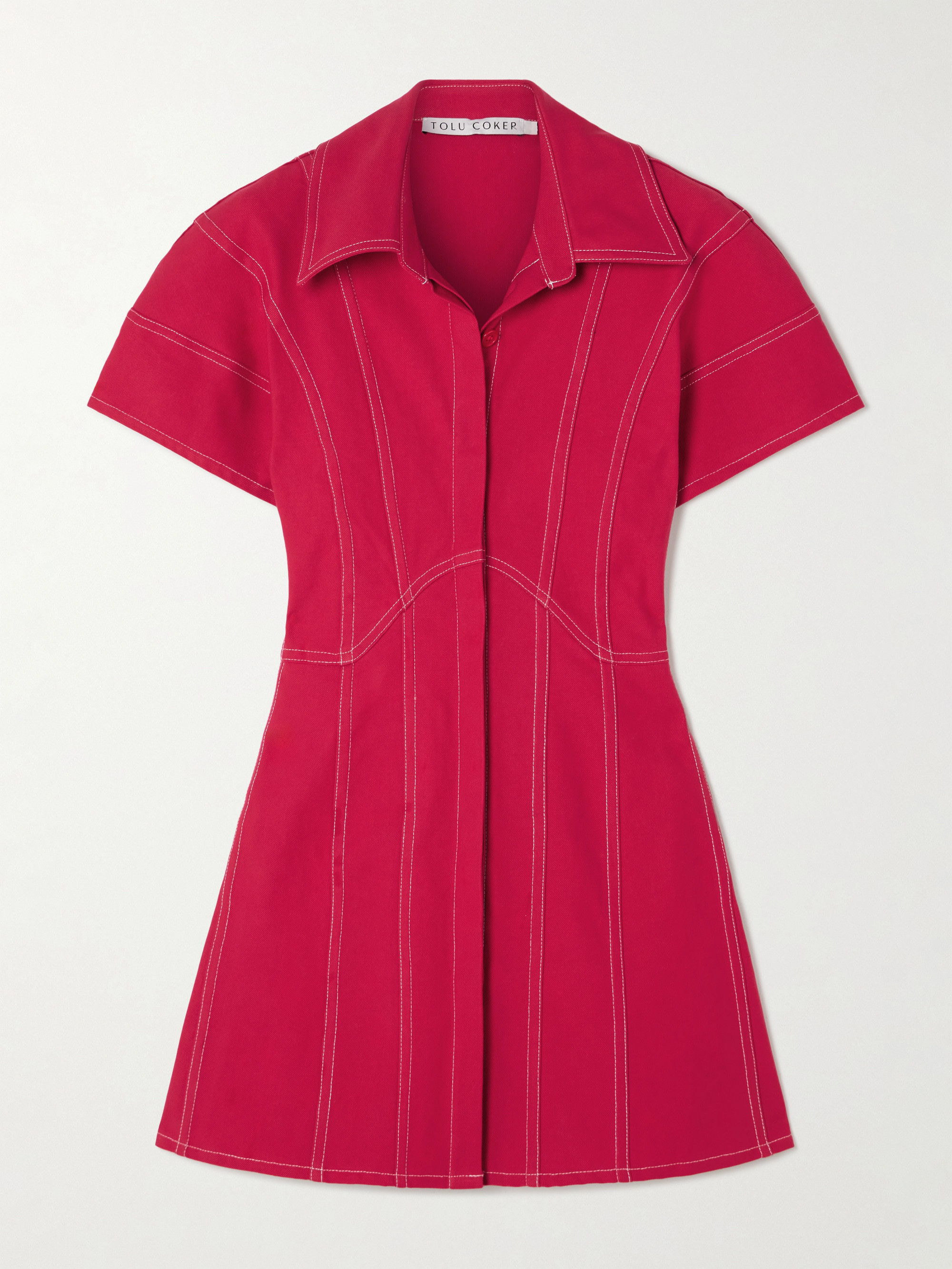 TOLU COKER Paneled topstitched denim mini shirt dress