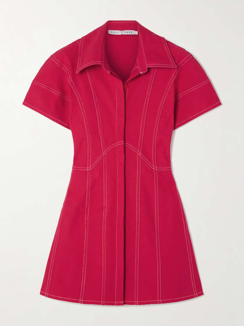 Tolu Coker Paneled Topstitched Denim Mini Shirt Dress