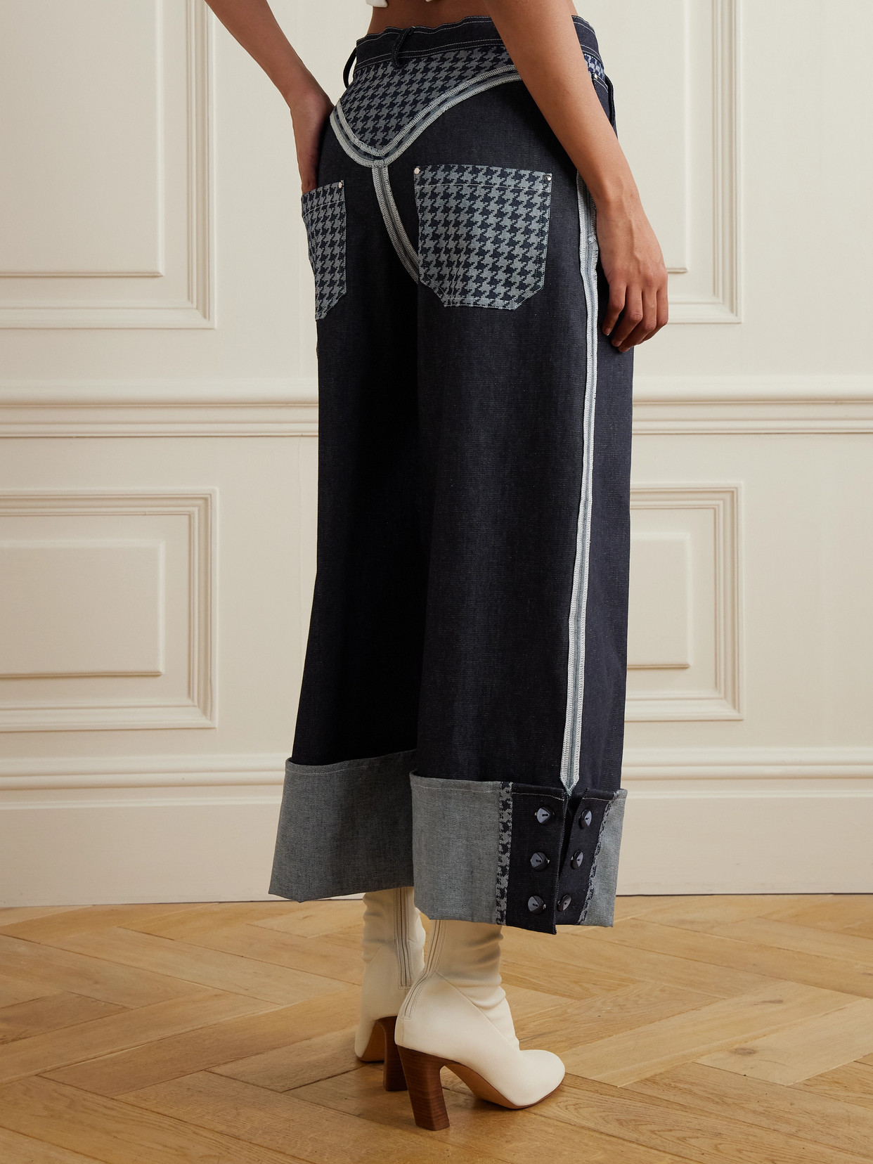 Tolu Coker Houndstooth-paneled Recycled Cropped Wide-leg Jeans In Blue