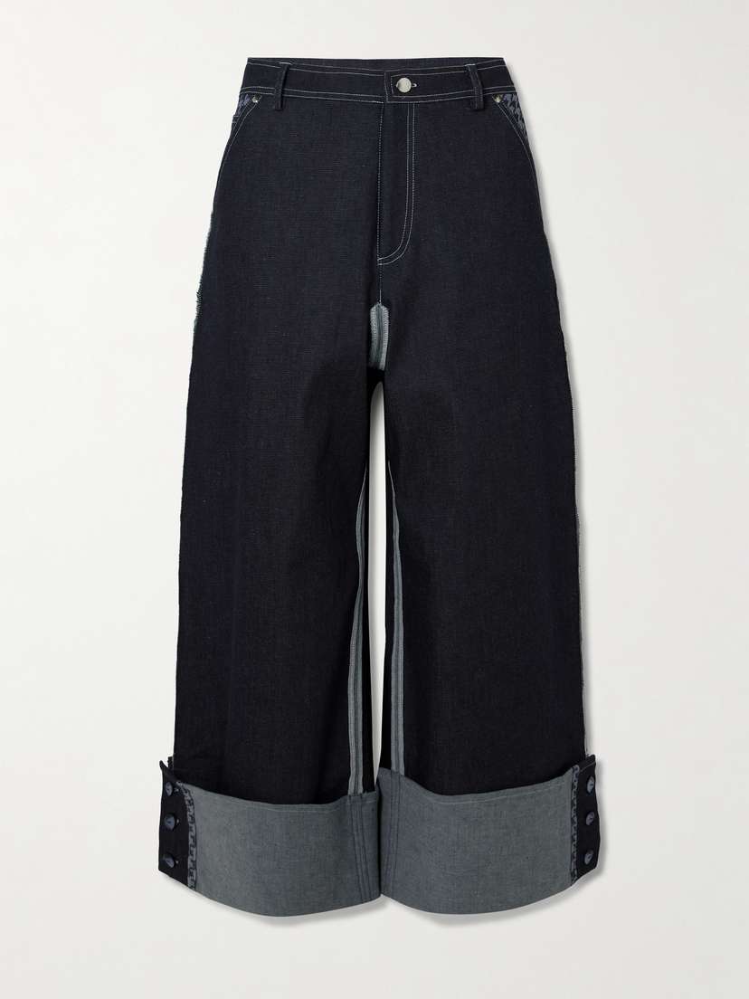 Tolu Coker Houndstooth-paneled Recycled Cropped Wide-leg Jeans