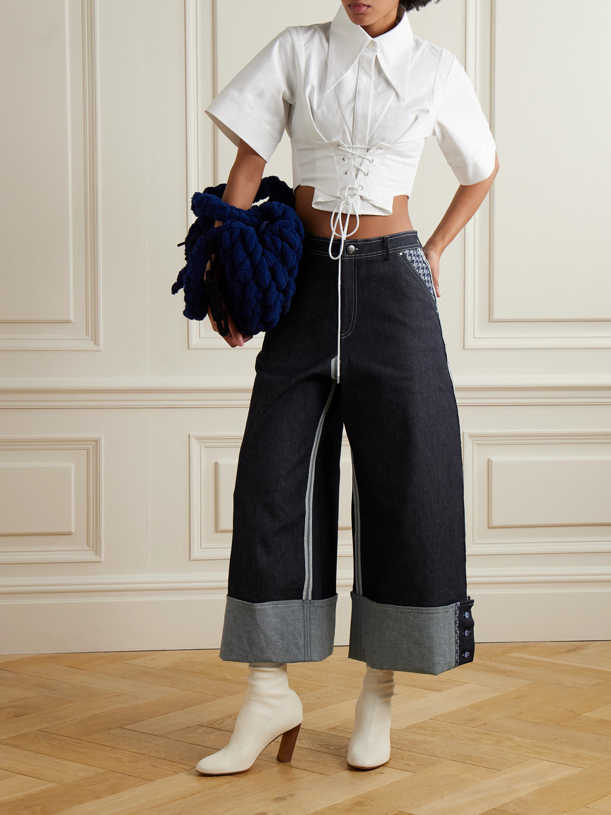 Tolu Coker Houndstooth-paneled Recycled Cropped Wide-leg Jeans In Blue