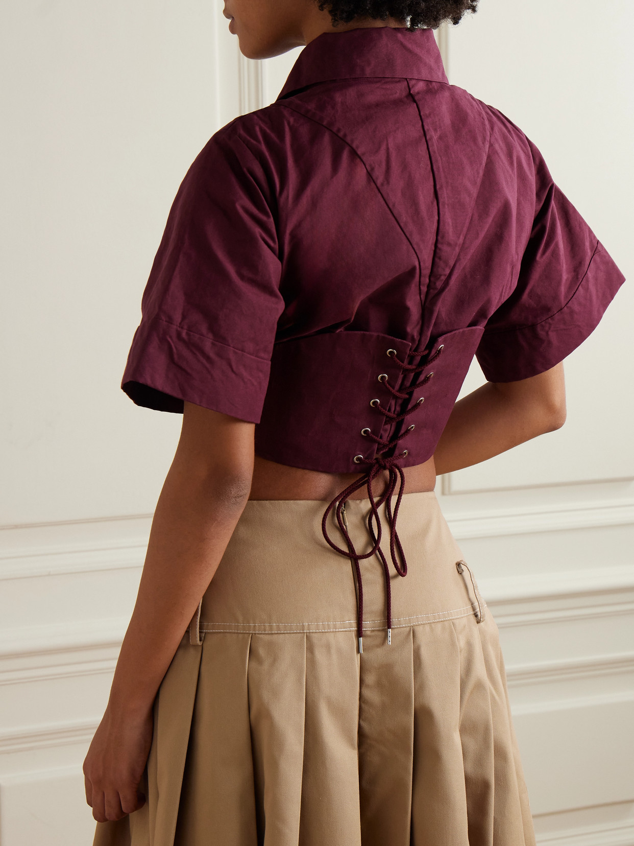 Cropped Lace-Up Cotton-Poplin Shirt