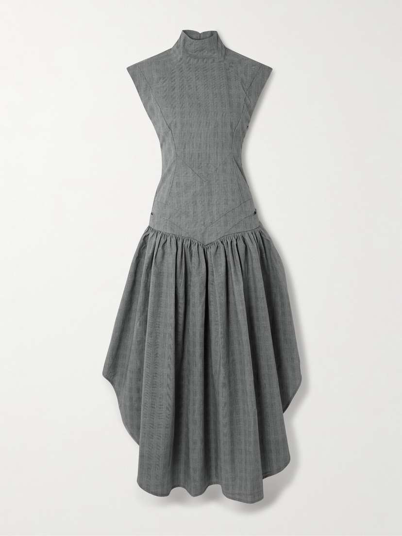 Tolu Coker Cutout Pleated Prince Of Wales Checked Cotton-poplin Dress