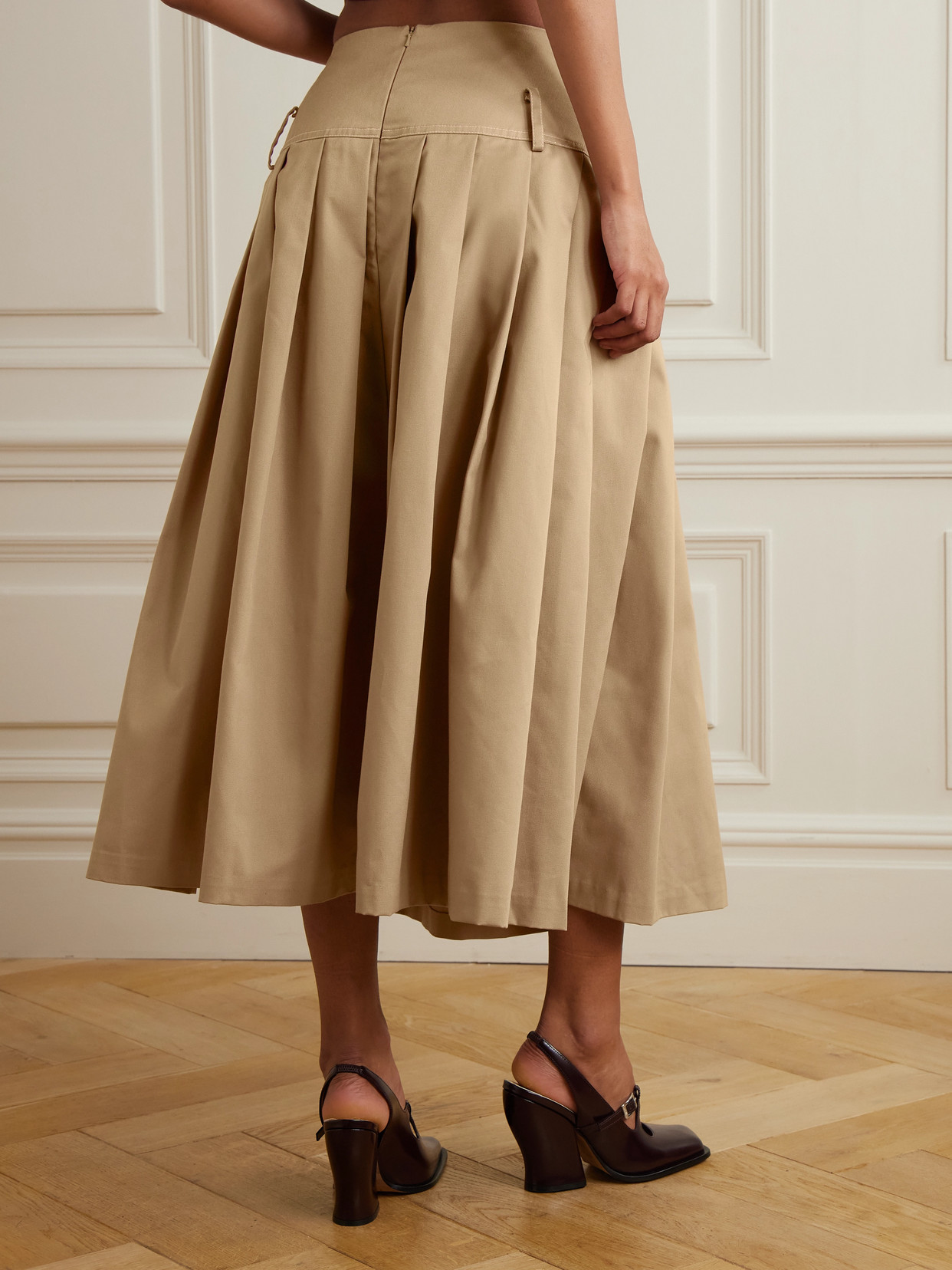 Pleated Topstitched Denim Midi