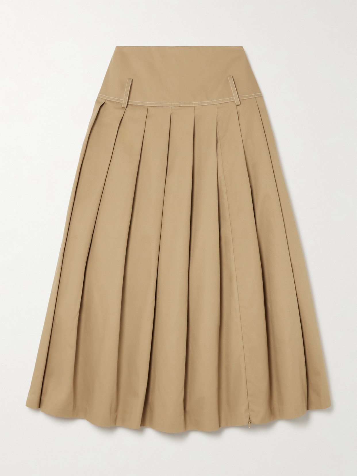 Tolu Coker - Pleated Topstitched Denim Midi Skirt - Brown