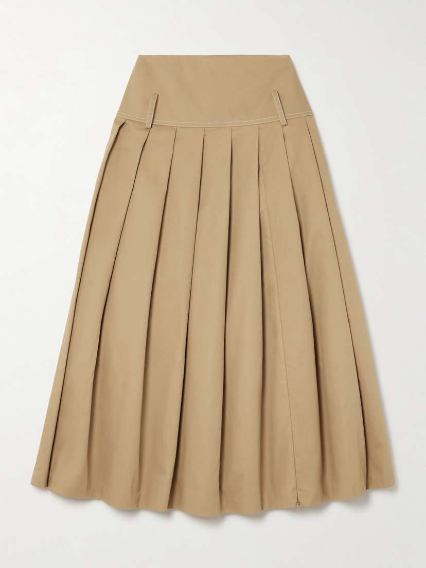 Tolu Coker Pleated Topstitched Denim Midi Skirt