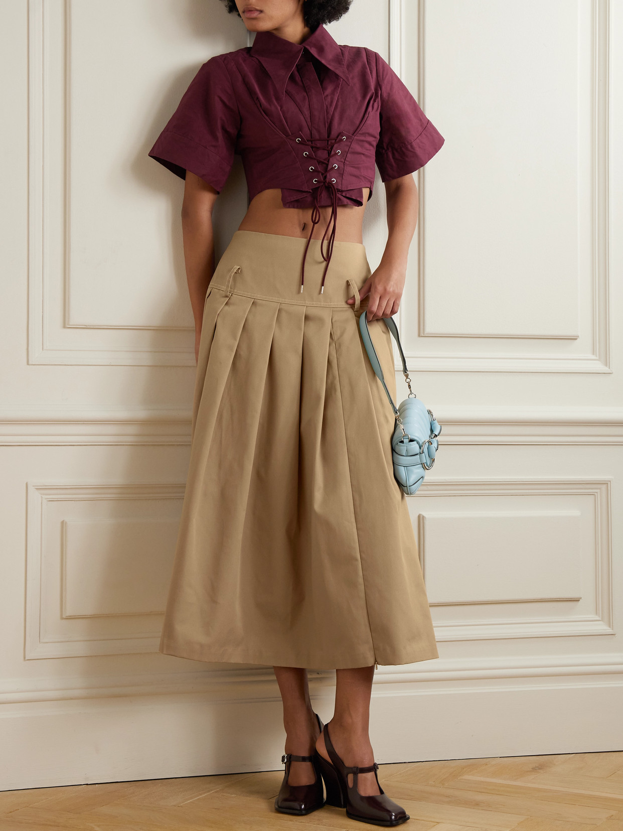 Pleated Topstitched Denim Midi
