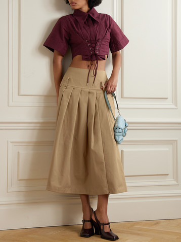 TOLU COKER Pleated topstitched denim midi skirt