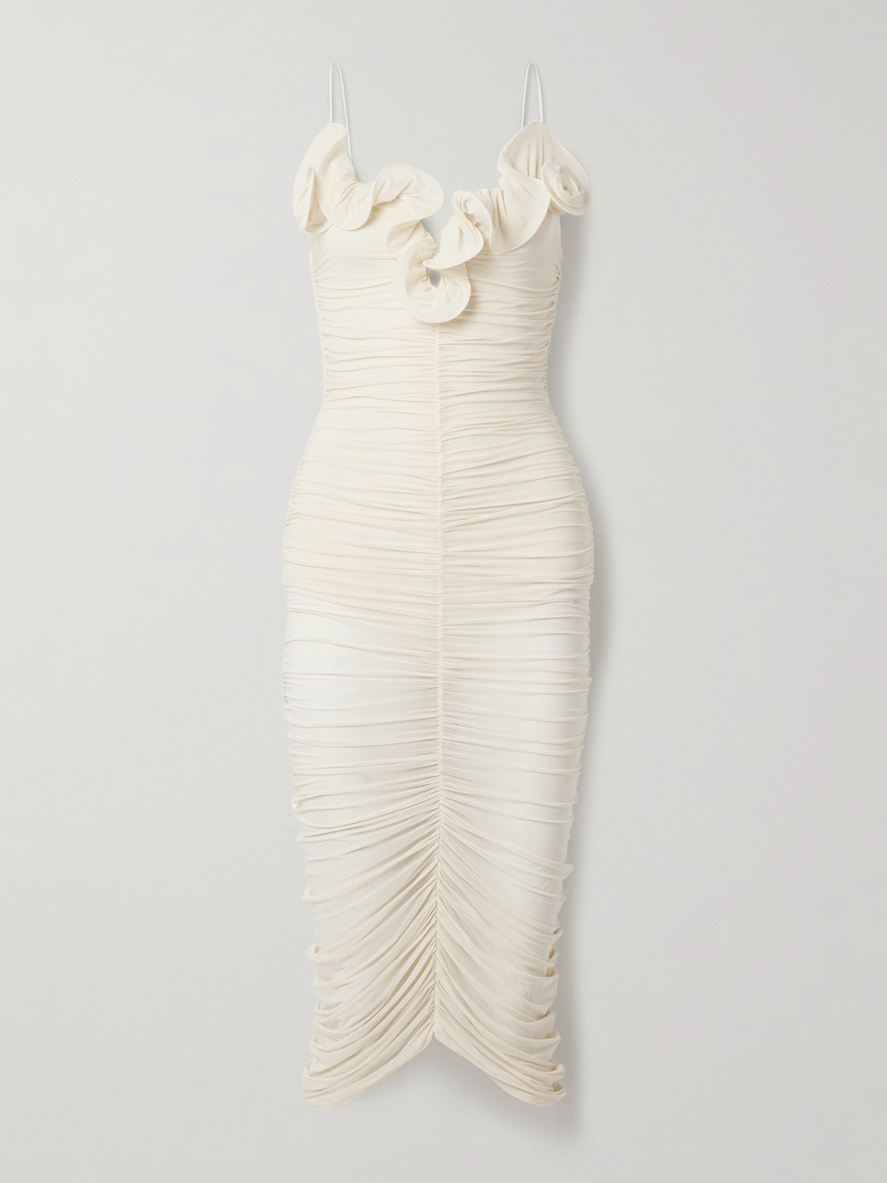 Magda Butrym - Ruffled Ruched Stretch-mesh Midi Dress - Cream