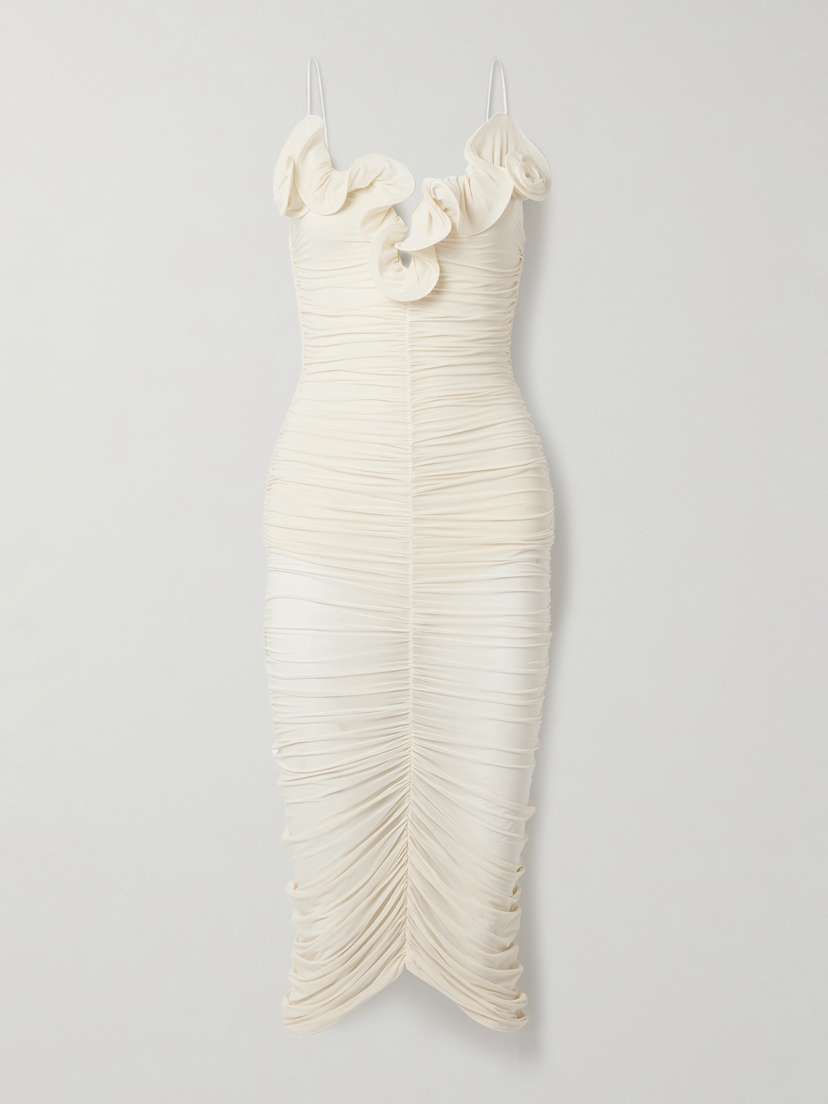 Magda Butrym Ruffled Ruched Stretch-mesh Midi Dress - FR 34