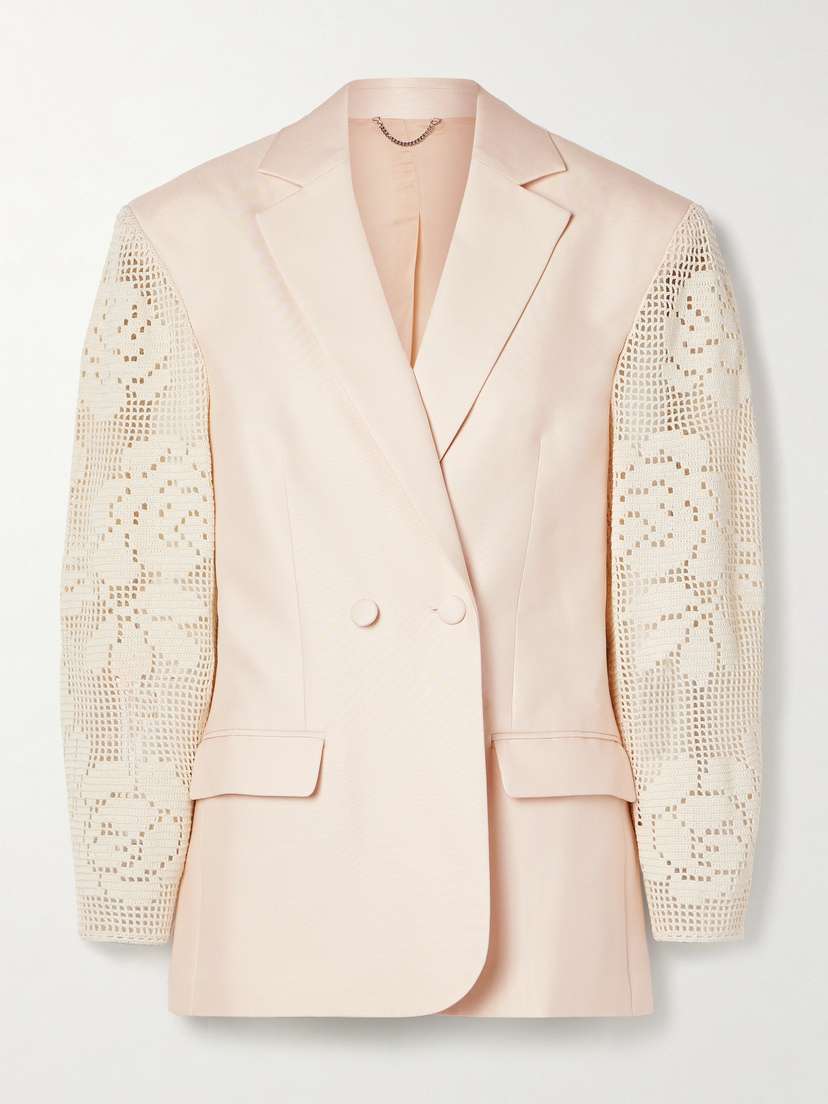 Magda Butrym Double-breasted Crocheted Cotton-trimmed Grain De Poudre Silk Blazer