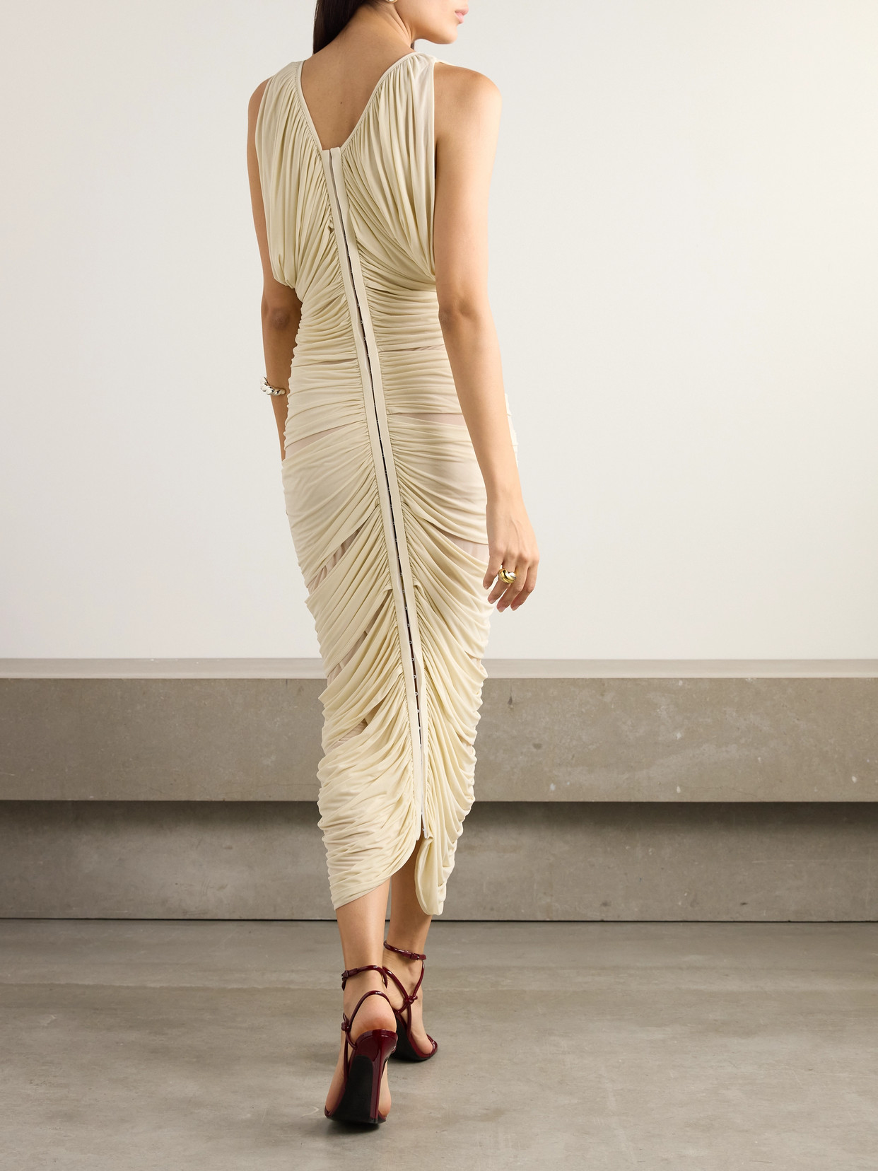 Magda Butrym Ruched Stretch-jersey Midi Dress In Neutrals