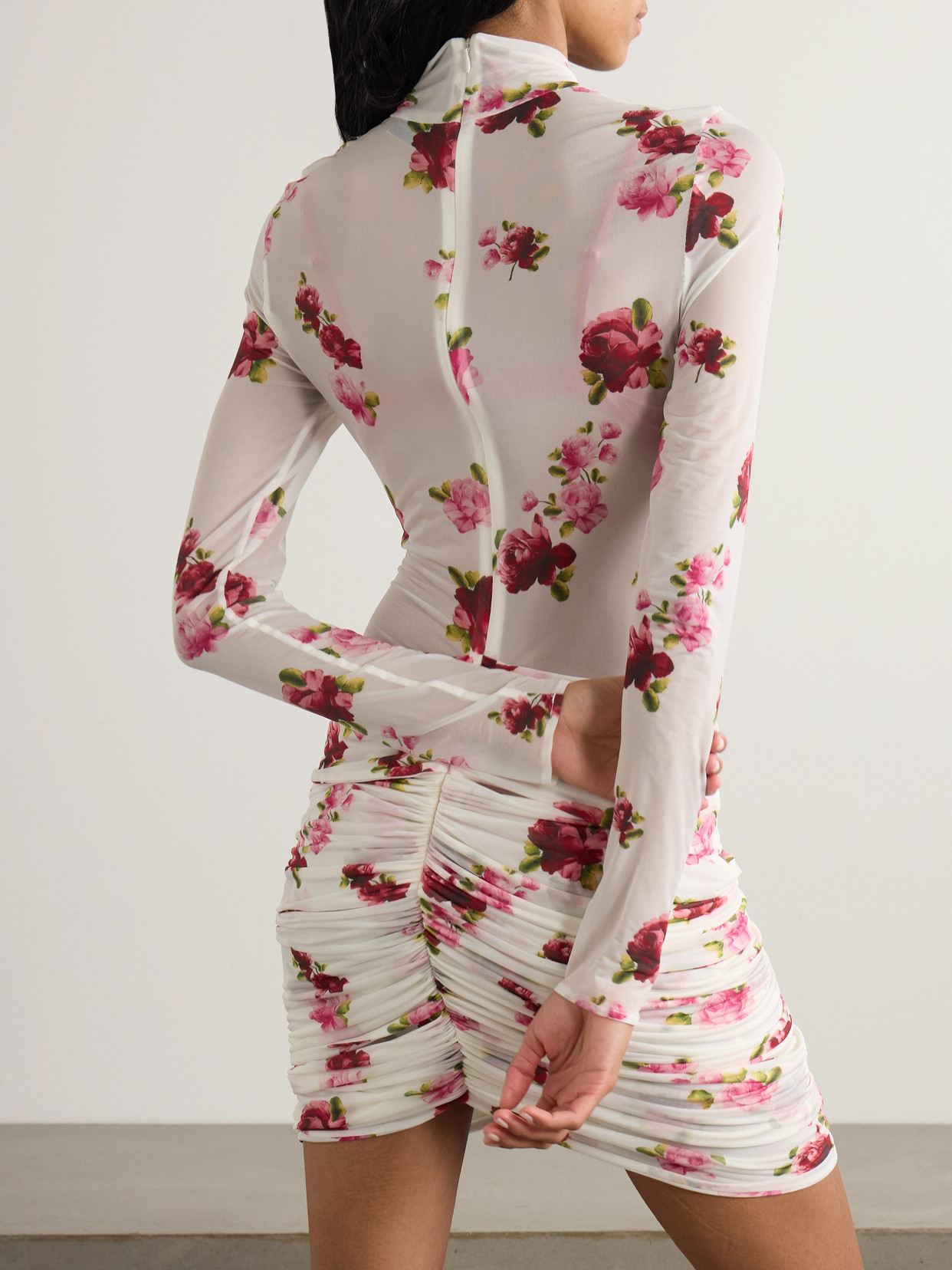 Magda Butrym Appliquéd Gathered Floral-print Tulle Mini Dress In Cream