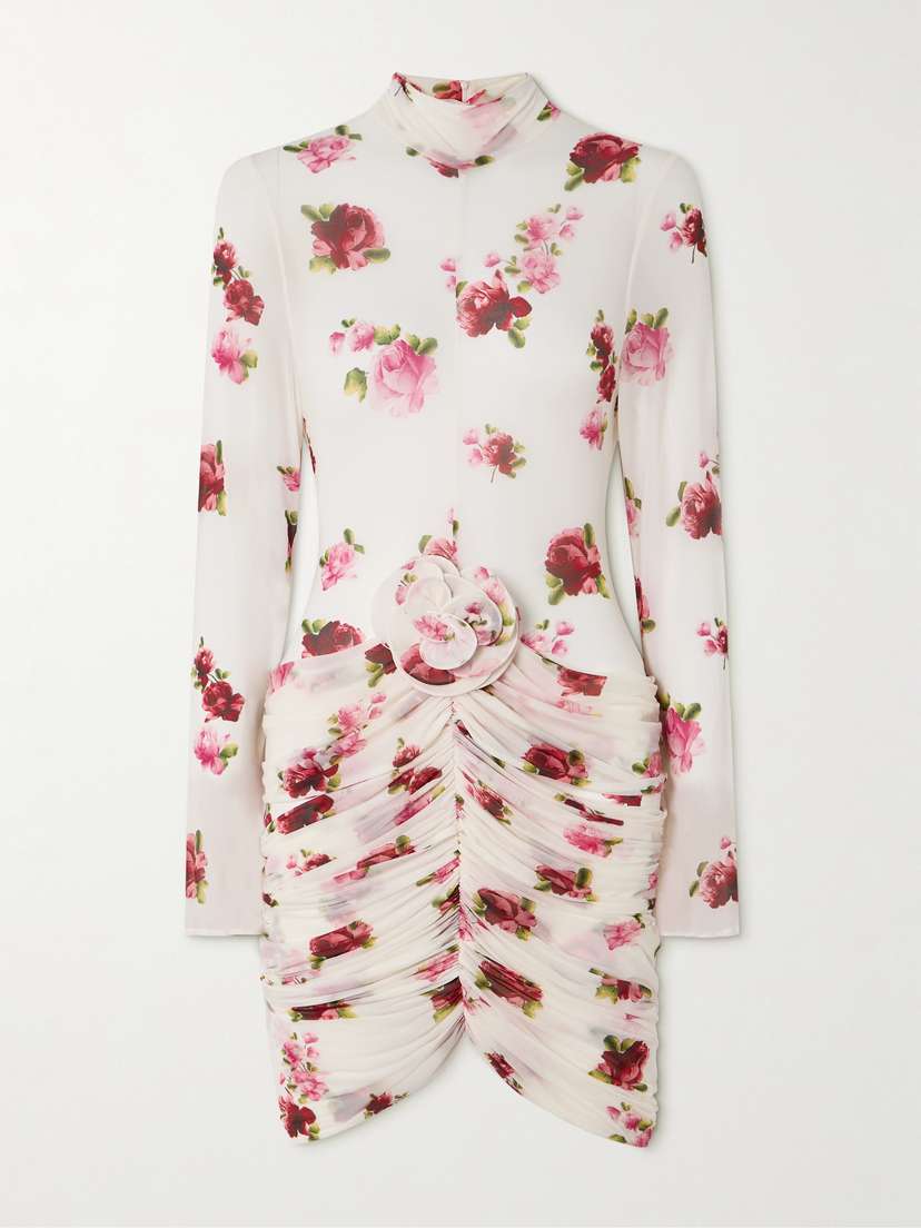 Magda Butrym Appliquéd Gathered Floral-print Tulle Mini Dress
