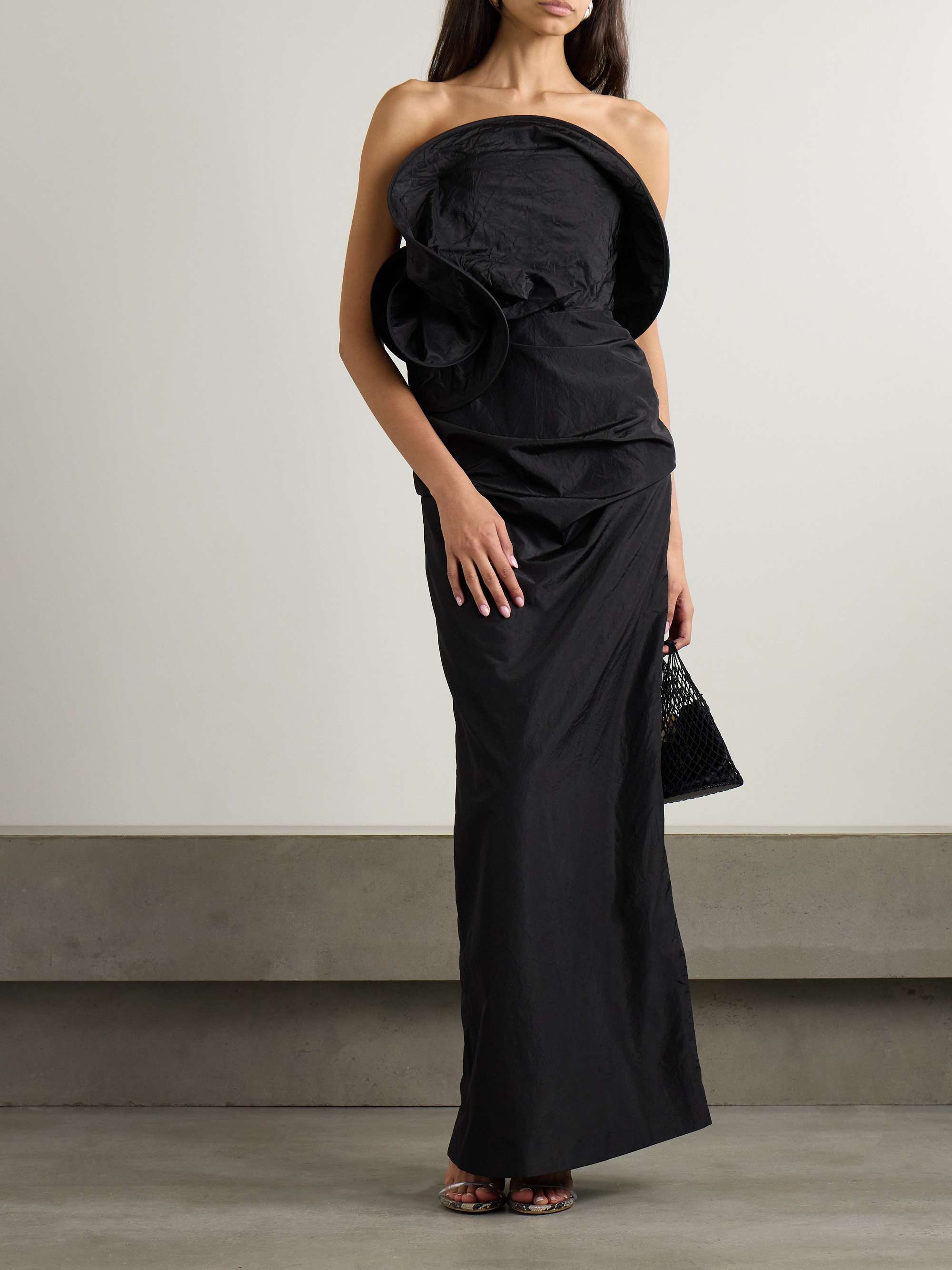 Strapless ruched silk taffeta maxi dress black FR34