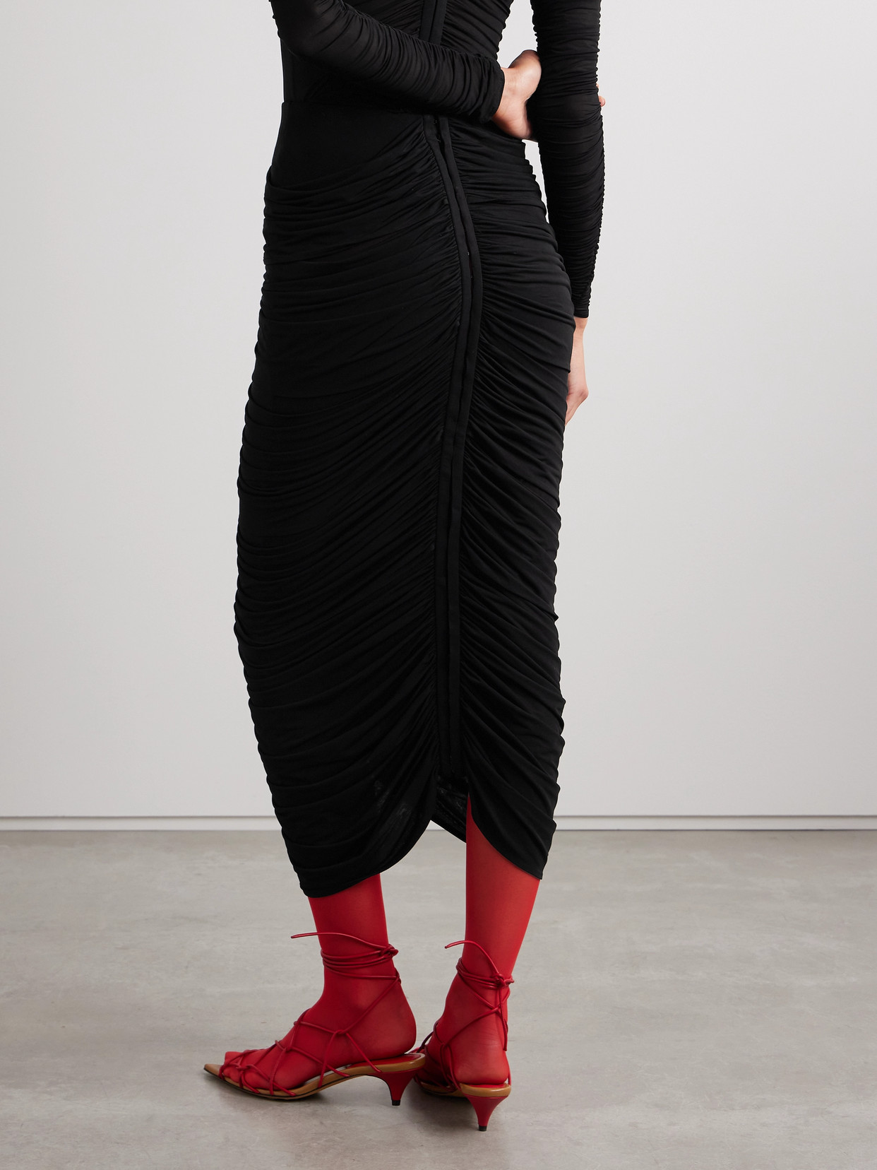 Magda Butrym Appliquéd Ruched Stretch-jersey Midi Skirt In Black