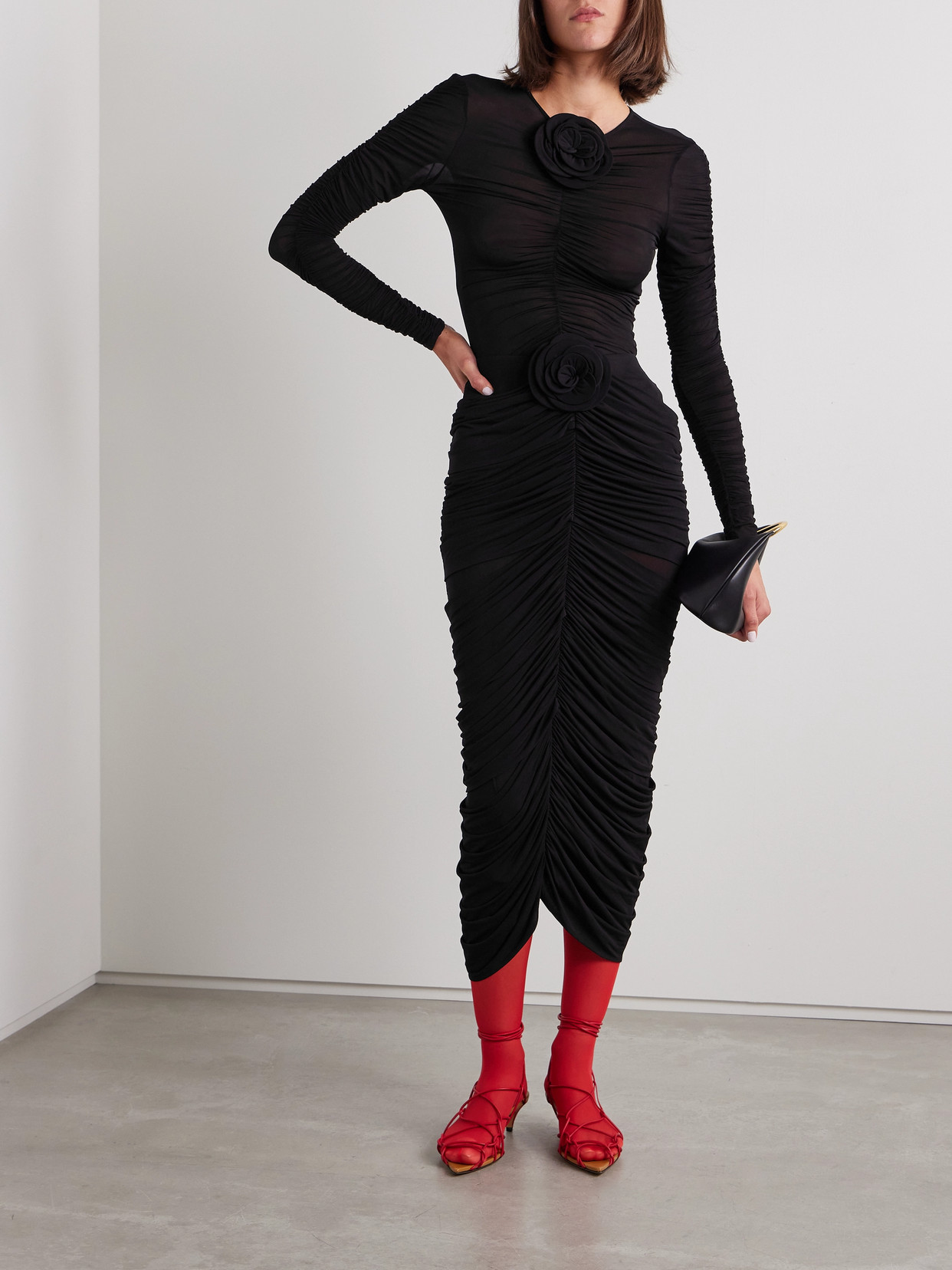 Magda Butrym Appliquéd Ruched Stretch-jersey Midi Skirt In Black
