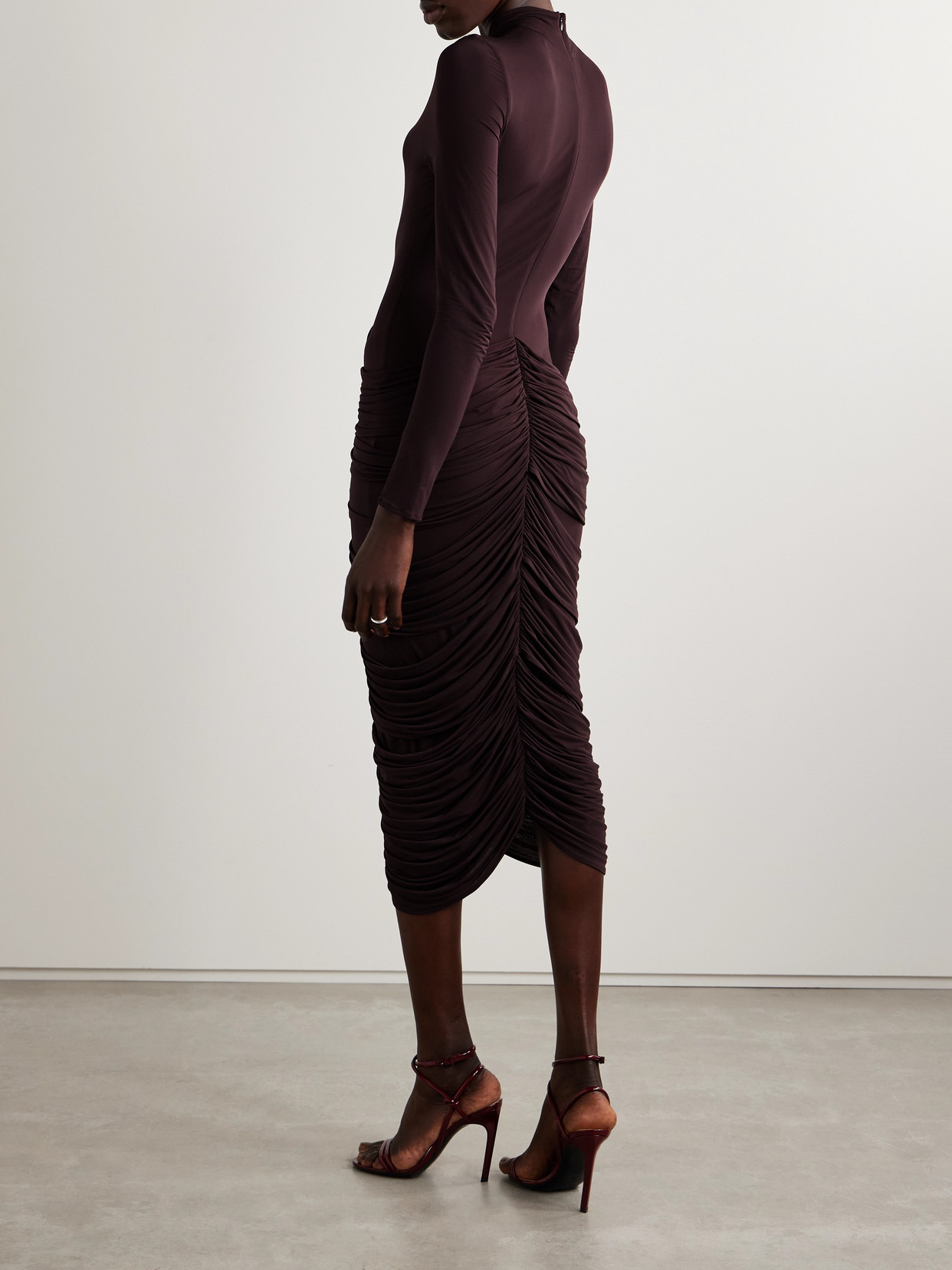 Magda Butrym Appliquéd Ruched Stretch-jersey Midi Dress In Burgundy