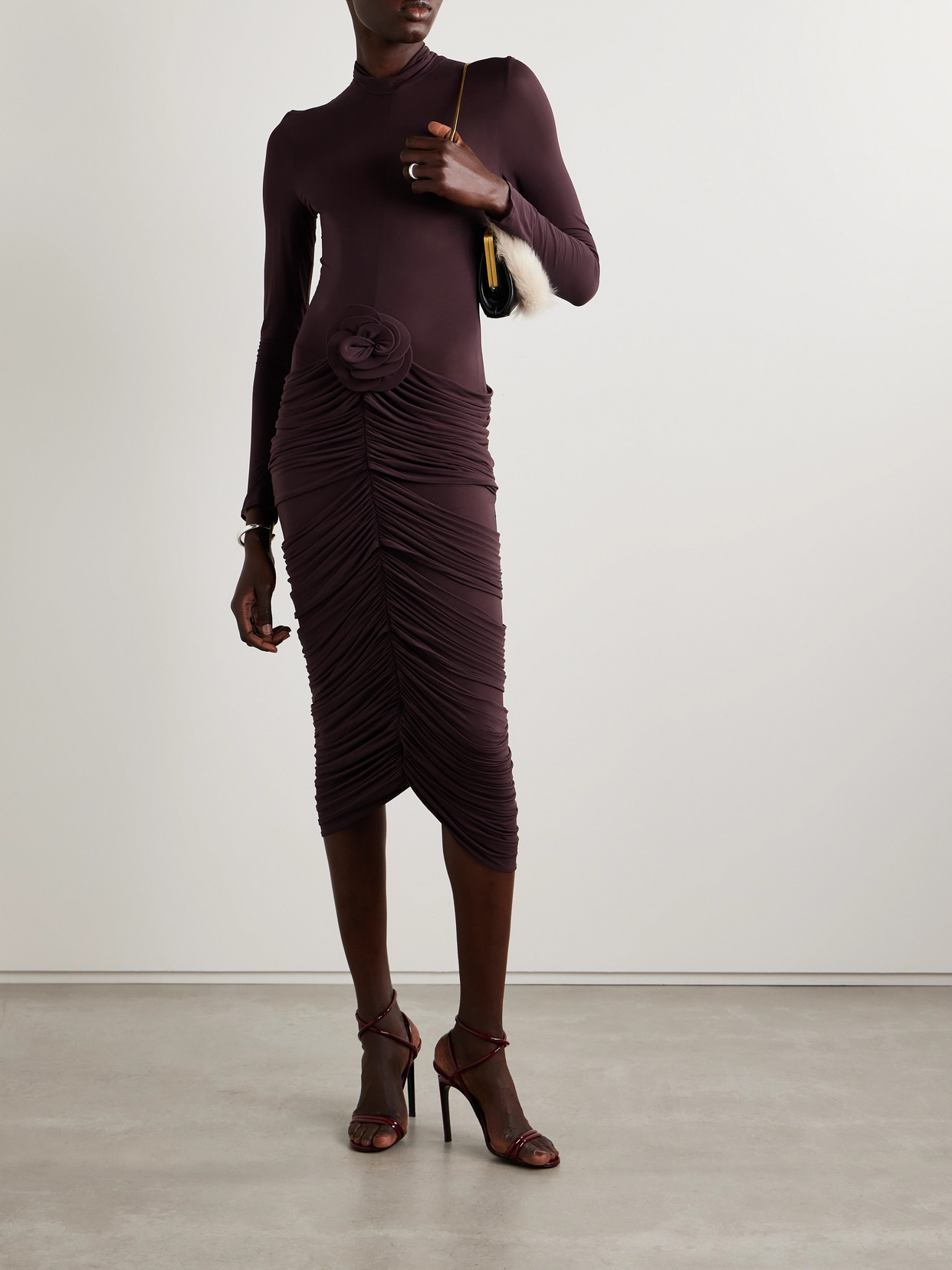Magda Butrym Appliquéd Ruched Stretch-jersey Midi Dress In Burgundy