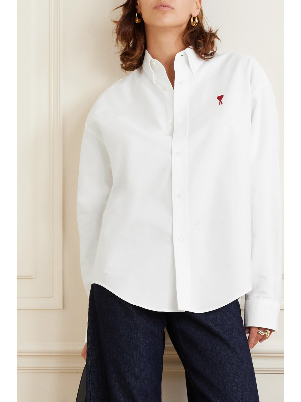 Ami Alexandre Mattiussi Embroidered Cotton Oxford Shirt In White