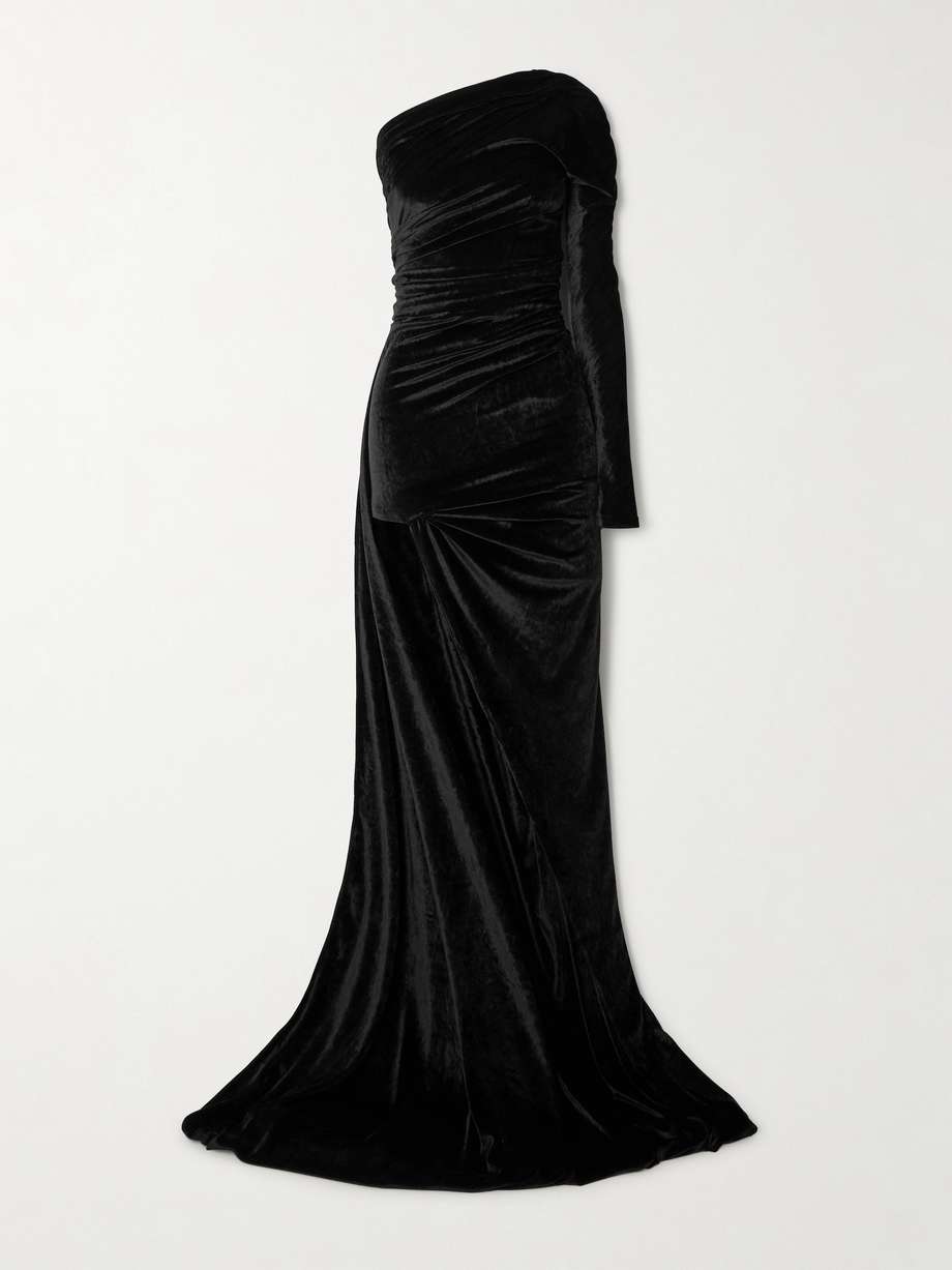 one-shoulder asymmetric velvet dress