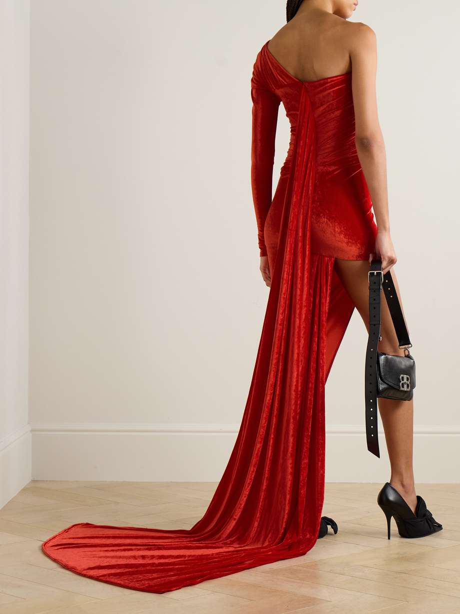 one-sleeve asymmetric velvet maxi dress